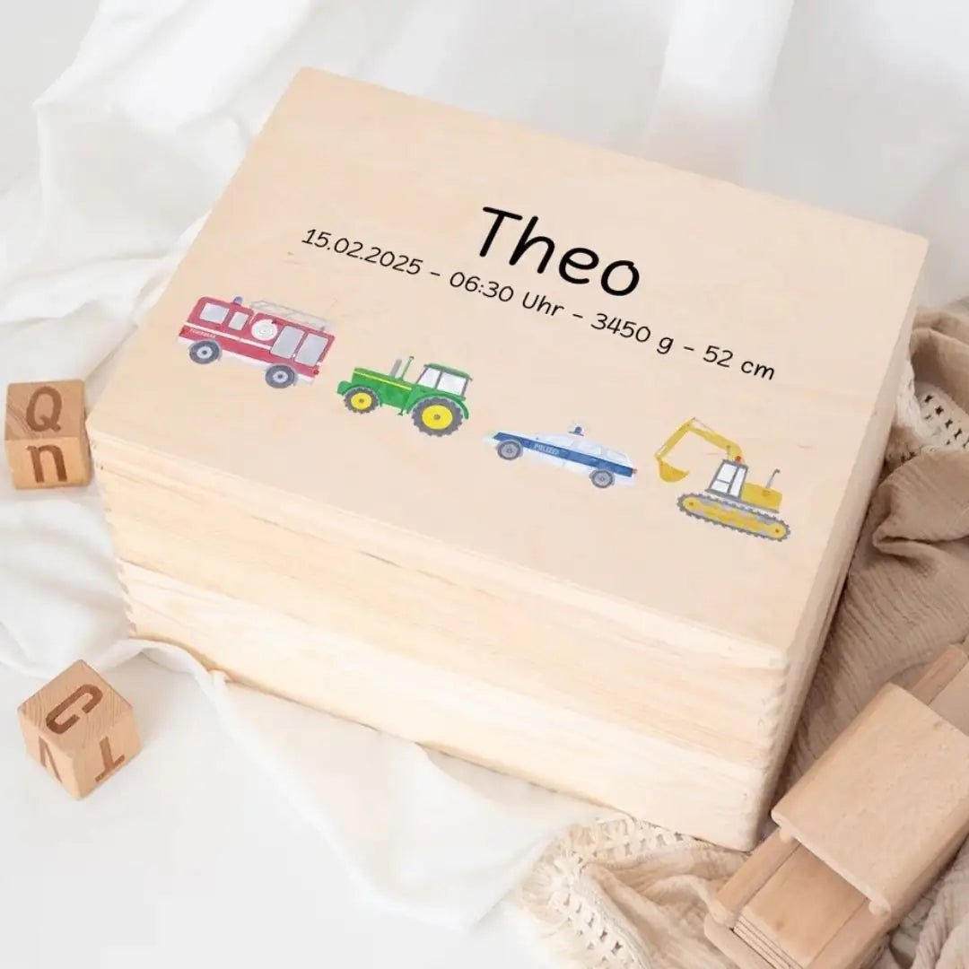 Erinnerungsbox Holz mit Wunschdaten – Fahrzeug Aquarell - wunderwunsch