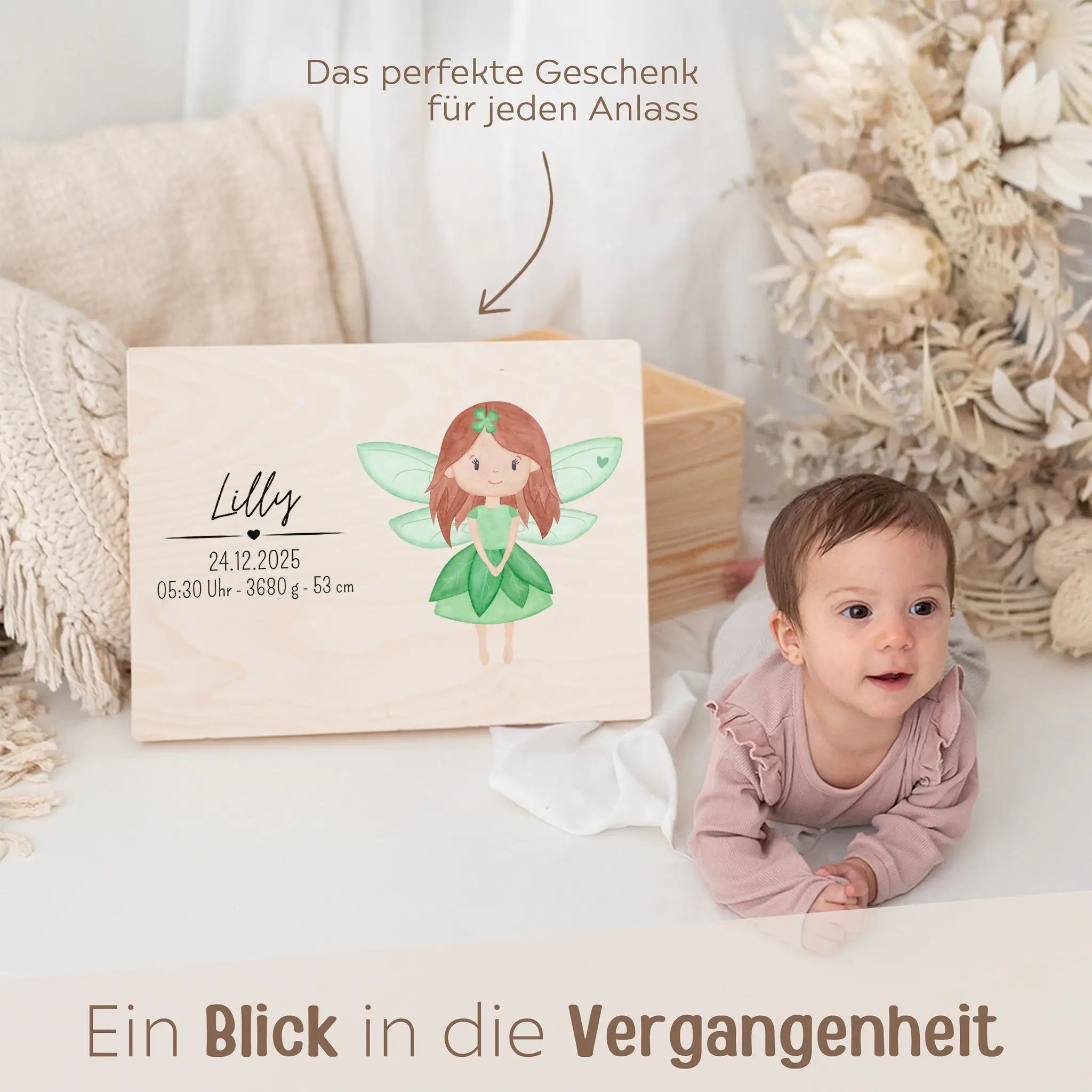 Erinnerungsbox Holz mit Wunschdaten – Fee Aquarell - wunderwunsch