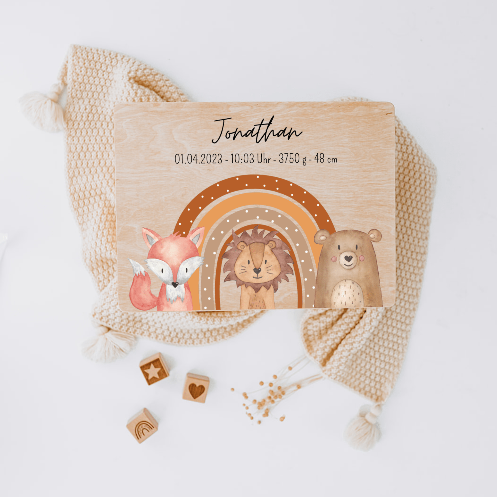 Erinnerungsbox Holz mit Wunschdaten – Fuchs, Löwe, Bär Regenbogen Aquarell - wunderwunsch