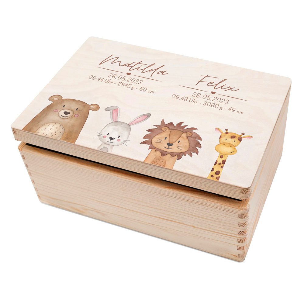 Erinnerungsbox Holz mit Wunschdaten Geschwister – Tiere unten Aquarell - wunderwunsch