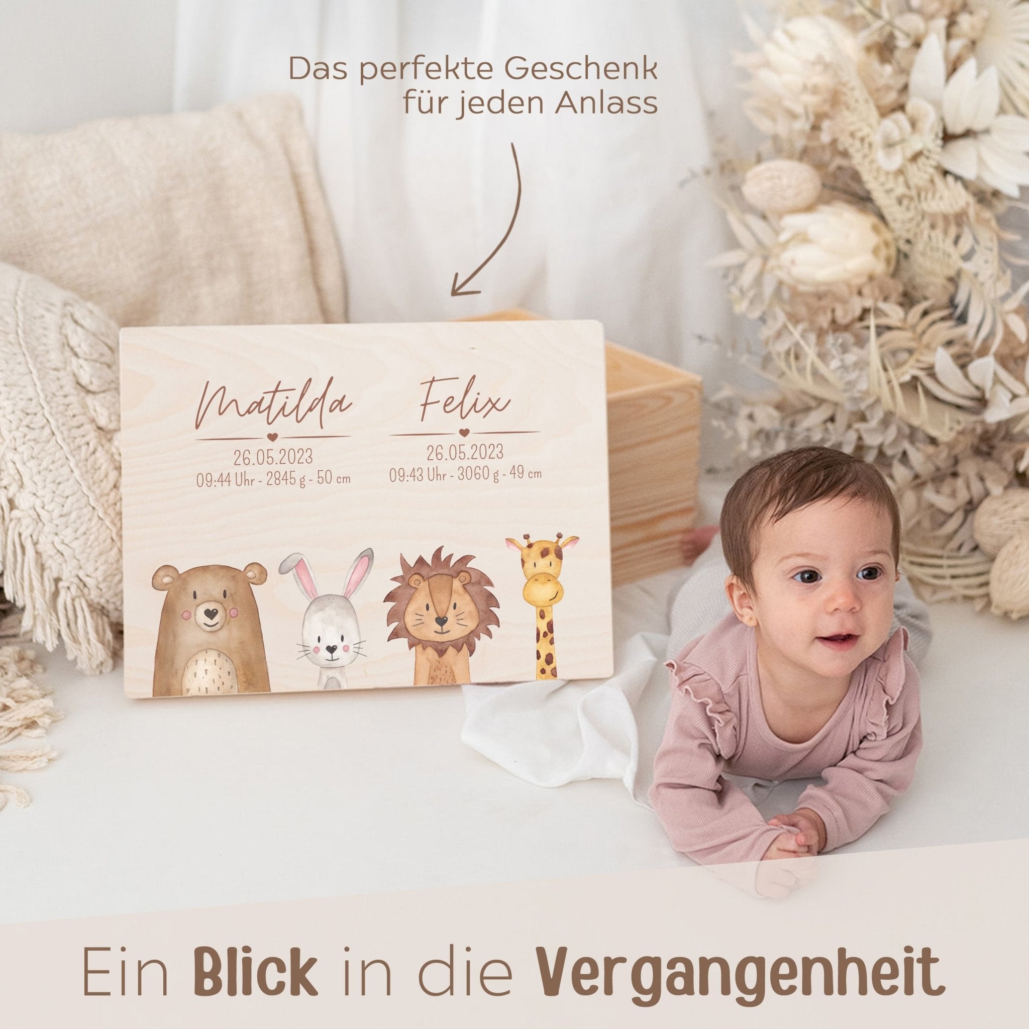 Erinnerungsbox Holz mit Wunschdaten Geschwister – Tiere unten Aquarell - wunderwunsch