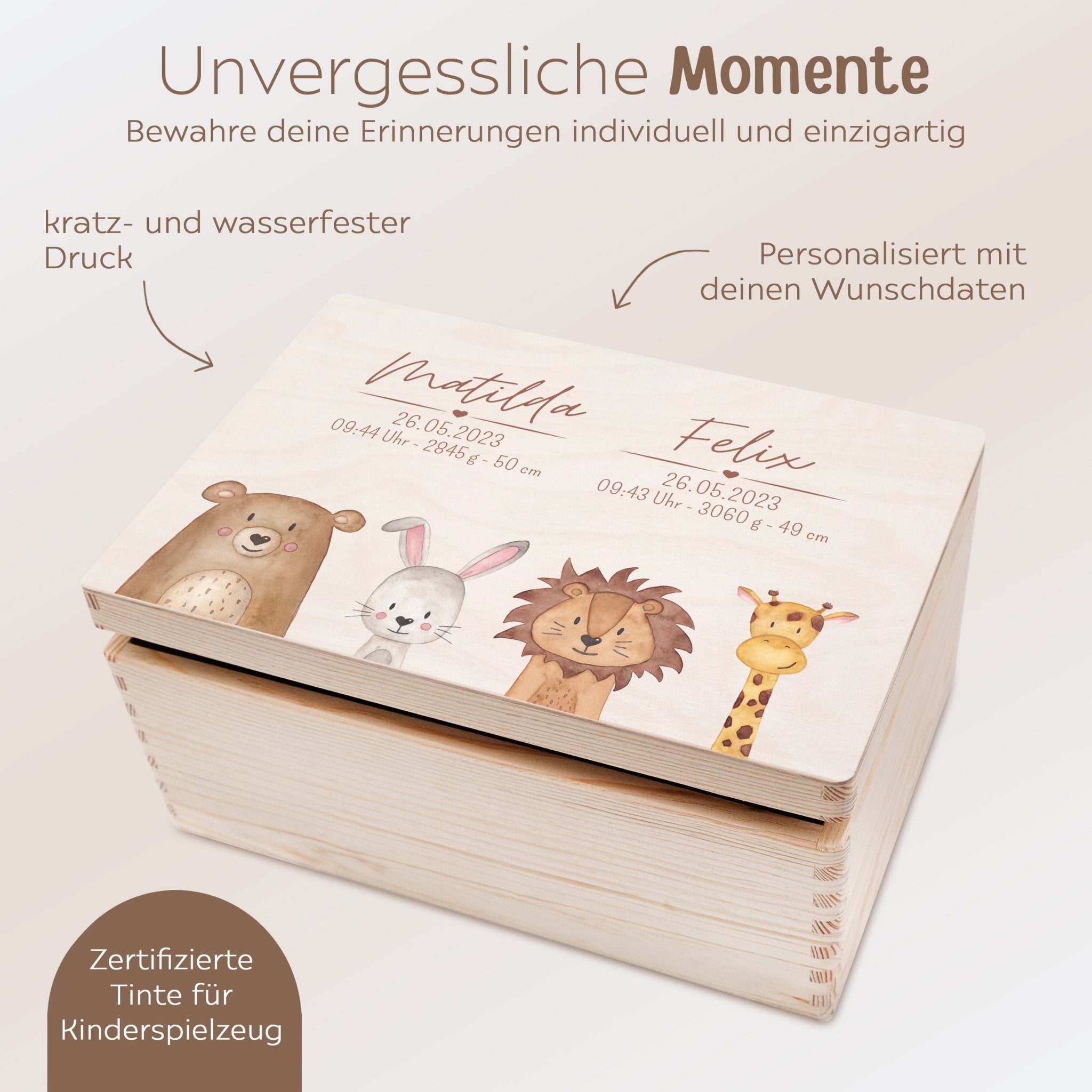 Erinnerungsbox Holz mit Wunschdaten Geschwister – Tiere unten Aquarell - wunderwunsch