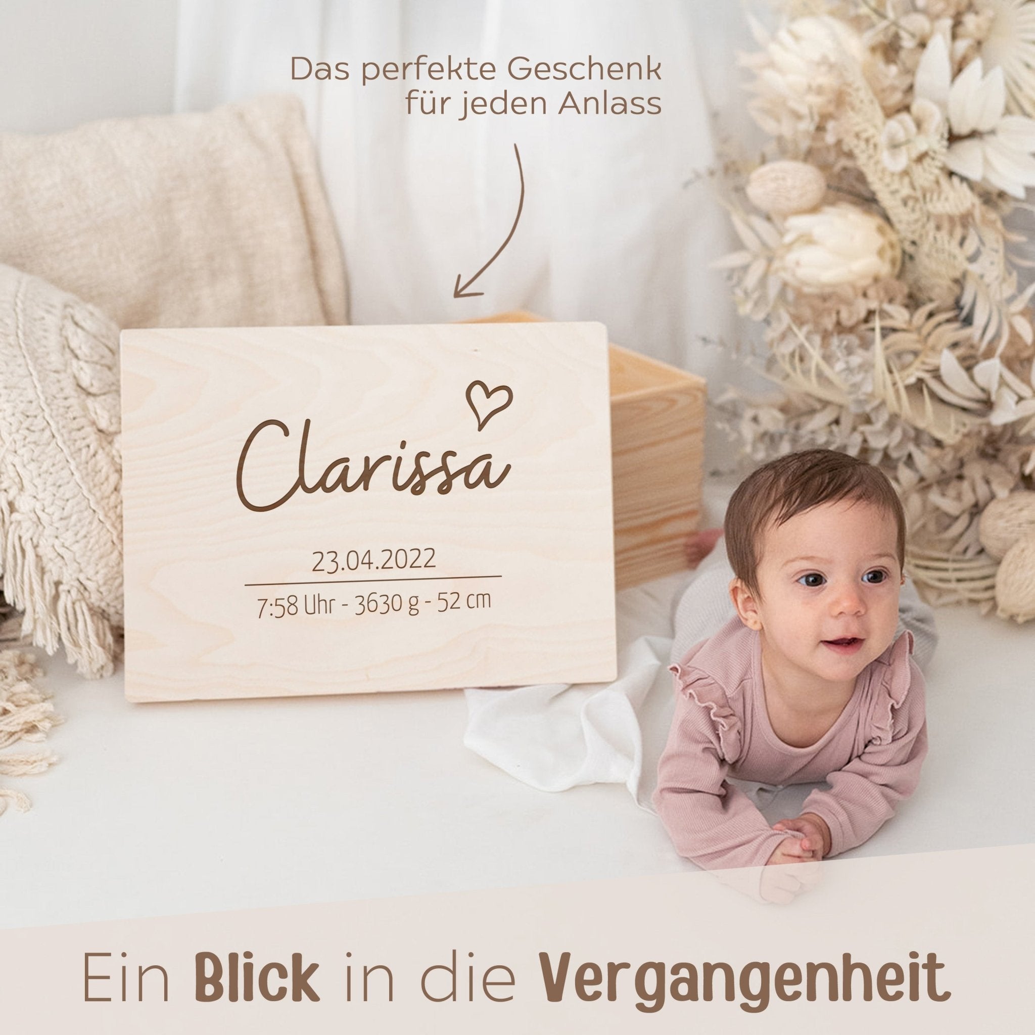 Erinnerungsbox Holz mit Wunschdaten – Herz Gravur - wunderwunsch