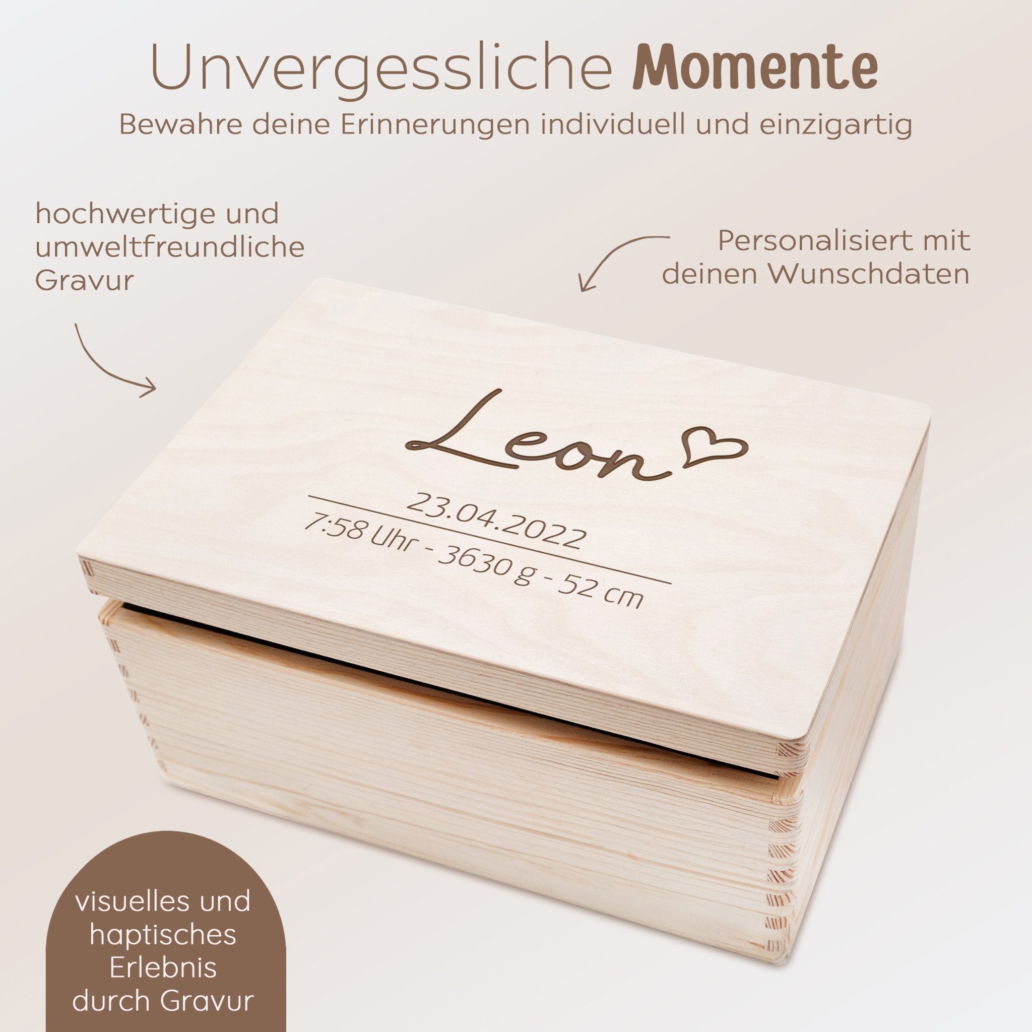 Erinnerungsbox Holz mit Wunschdaten – Herz Gravur - wunderwunsch
