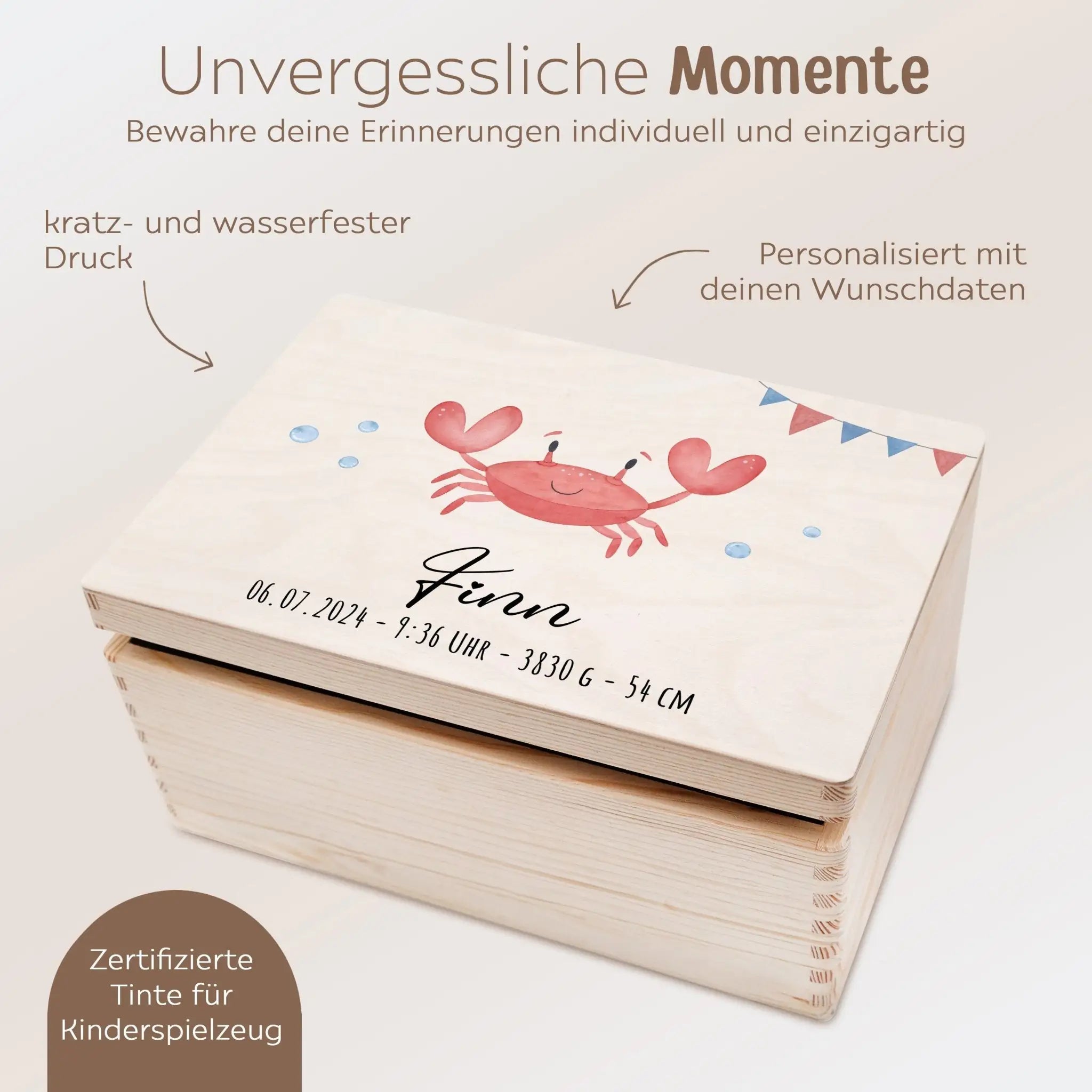 Erinnerungsbox Holz mit Wunschdaten – Meerestier Girlande Aquarell - wunderwunsch