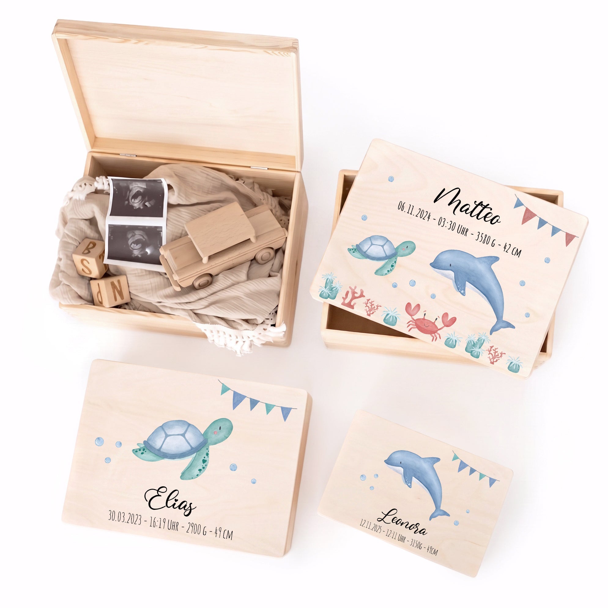 Erinnerungsbox Holz mit Wunschdaten – Meerestier Girlande Aquarell - wunderwunsch