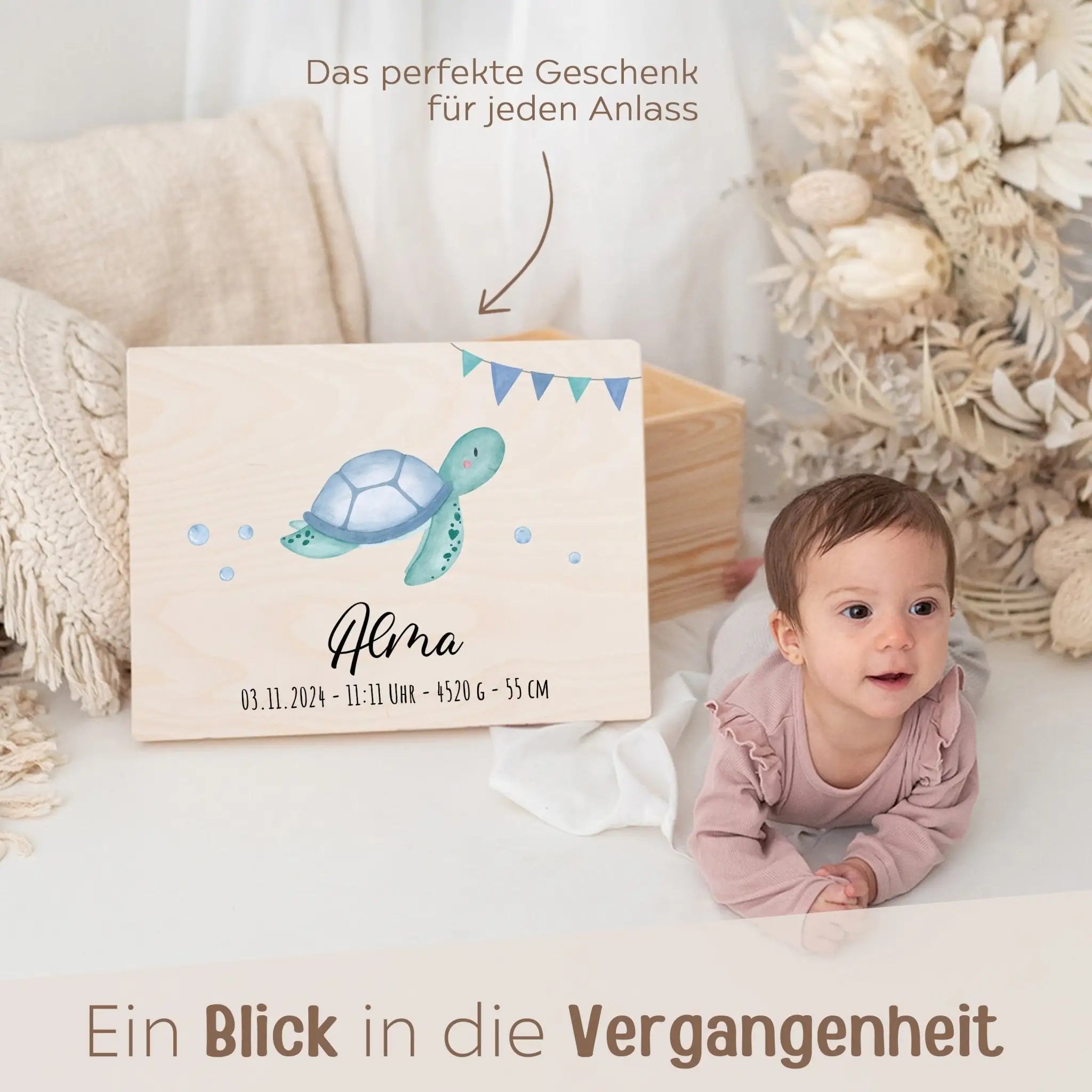 Erinnerungsbox Holz mit Wunschdaten – Meerestier Girlande Aquarell - wunderwunsch