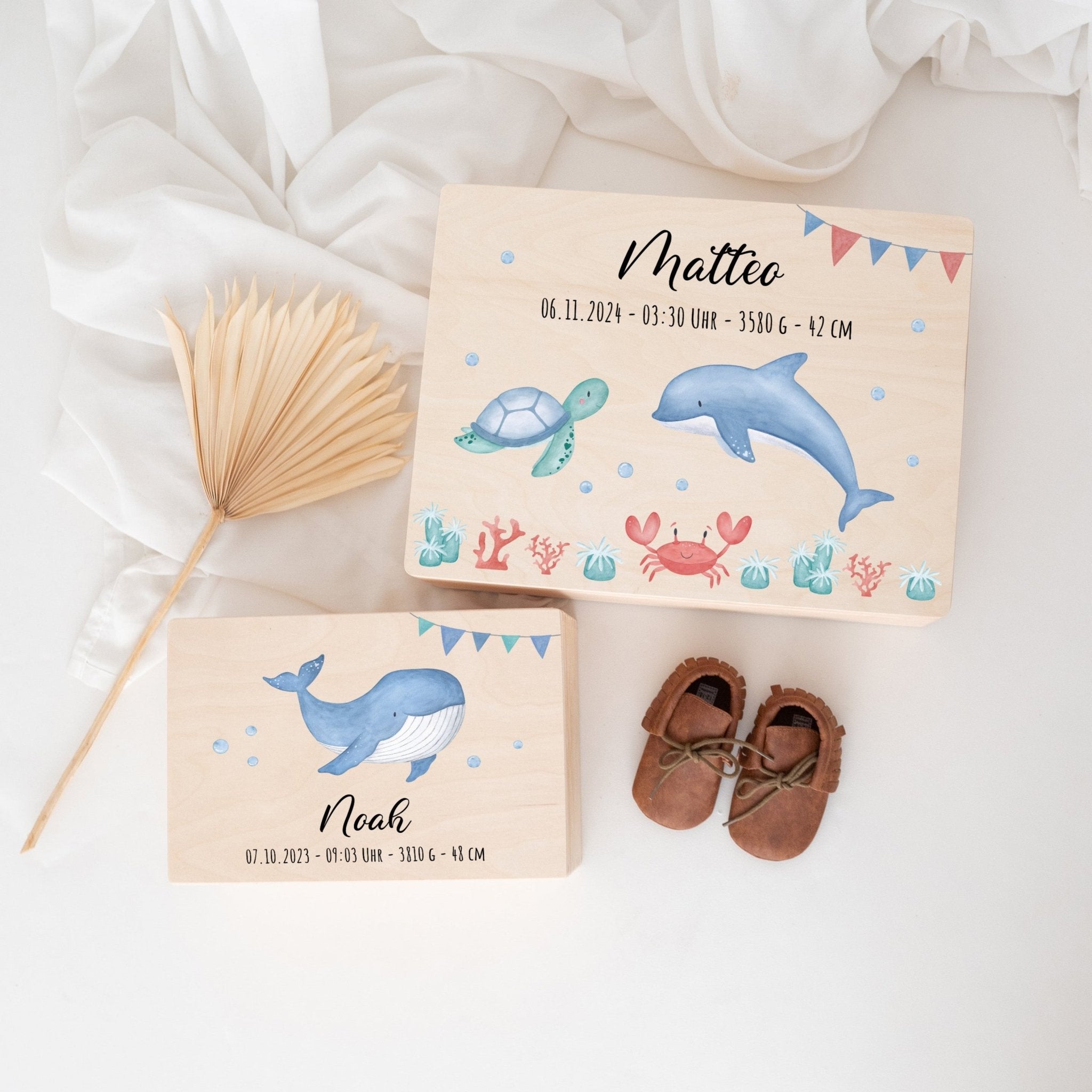 Erinnerungsbox Holz mit Wunschdaten – Meerestier Girlande Aquarell - wunderwunsch