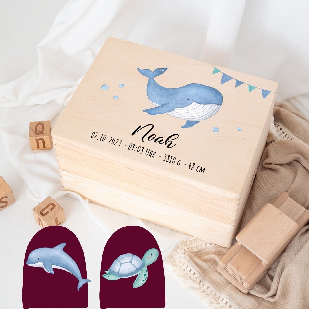 Erinnerungsbox Holz mit Wunschdaten – Meerestier Girlande Aquarell - wunderwunsch