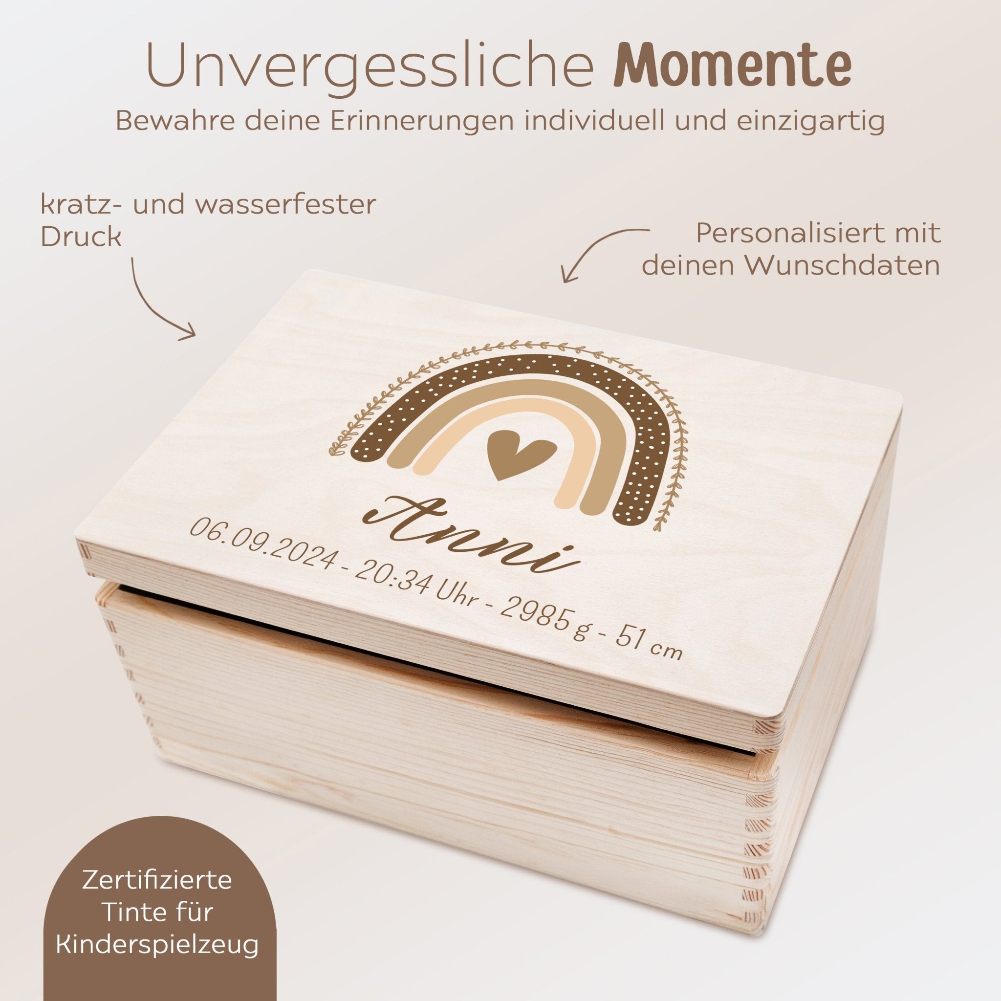 Erinnerungsbox Holz mit Wunschdaten – Regenbogen beige Aquarell - wunderwunsch