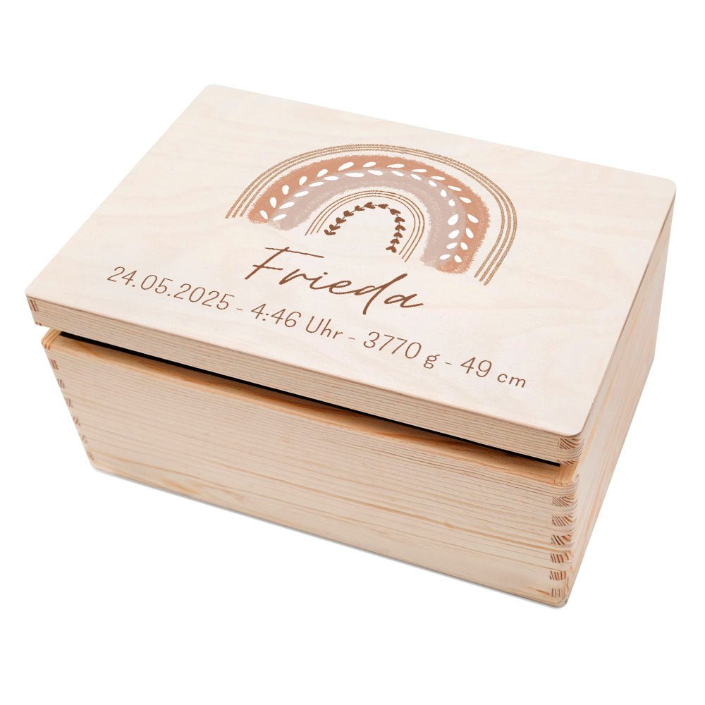 Erinnerungsbox Holz mit Wunschdaten – Regenbogen Boho pastell Aquarell - wunderwunsch