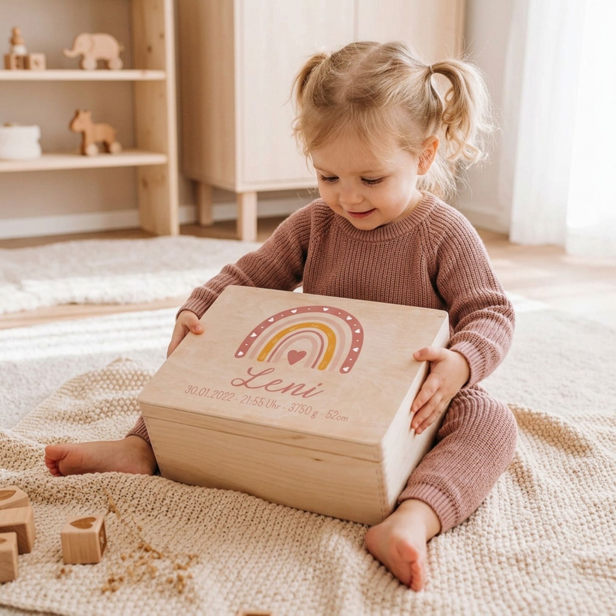 Erinnerungsbox Holz mit Wunschdaten – Regenbogen Boho rosa Aquarell - wunderwunsch