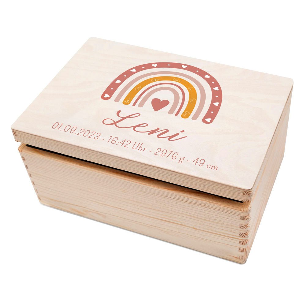 Erinnerungsbox Holz mit Wunschdaten – Regenbogen Boho rosa Aquarell - wunderwunsch