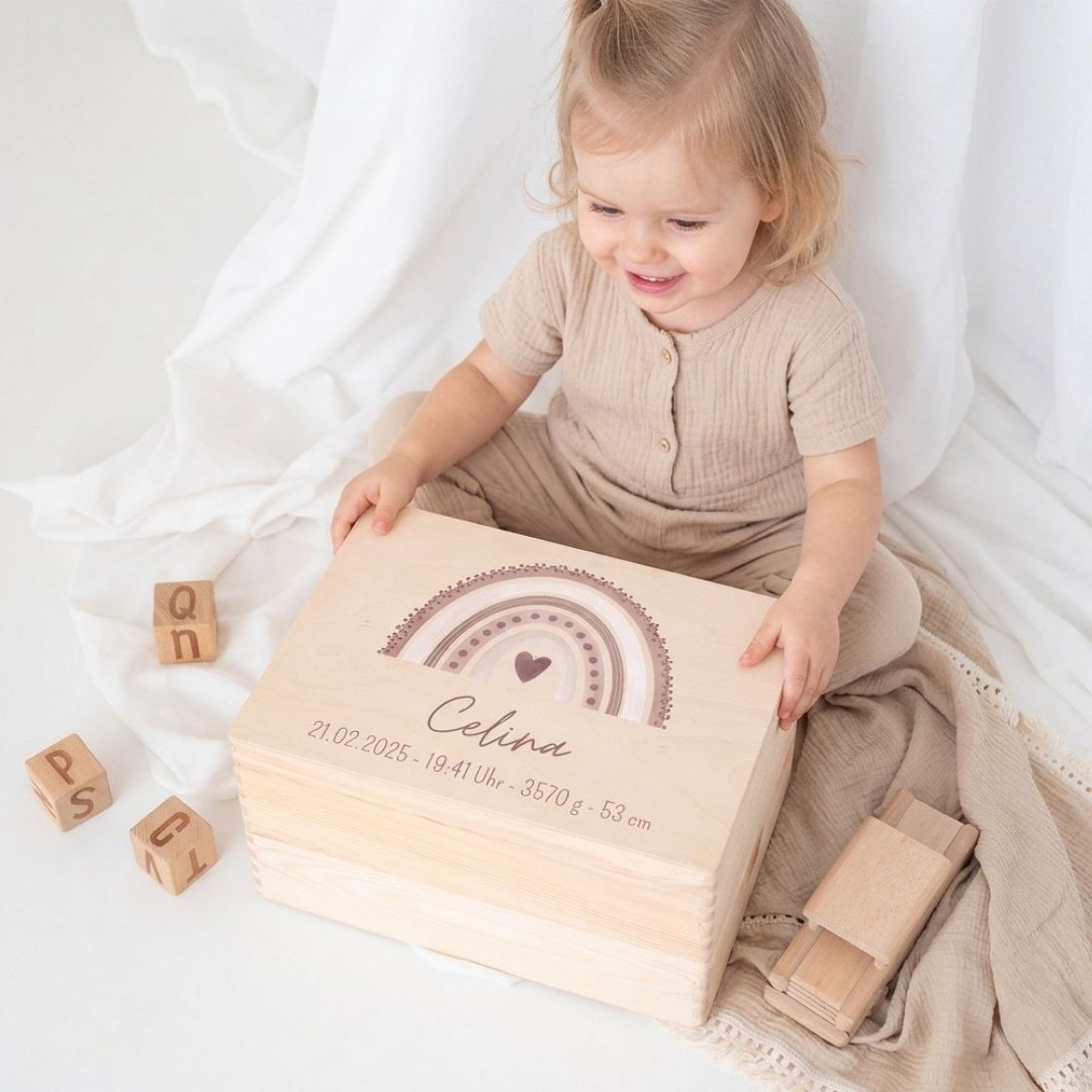 Erinnerungsbox Holz mit Wunschdaten – Regenbogen Punkte Aquarell - wunderwunsch