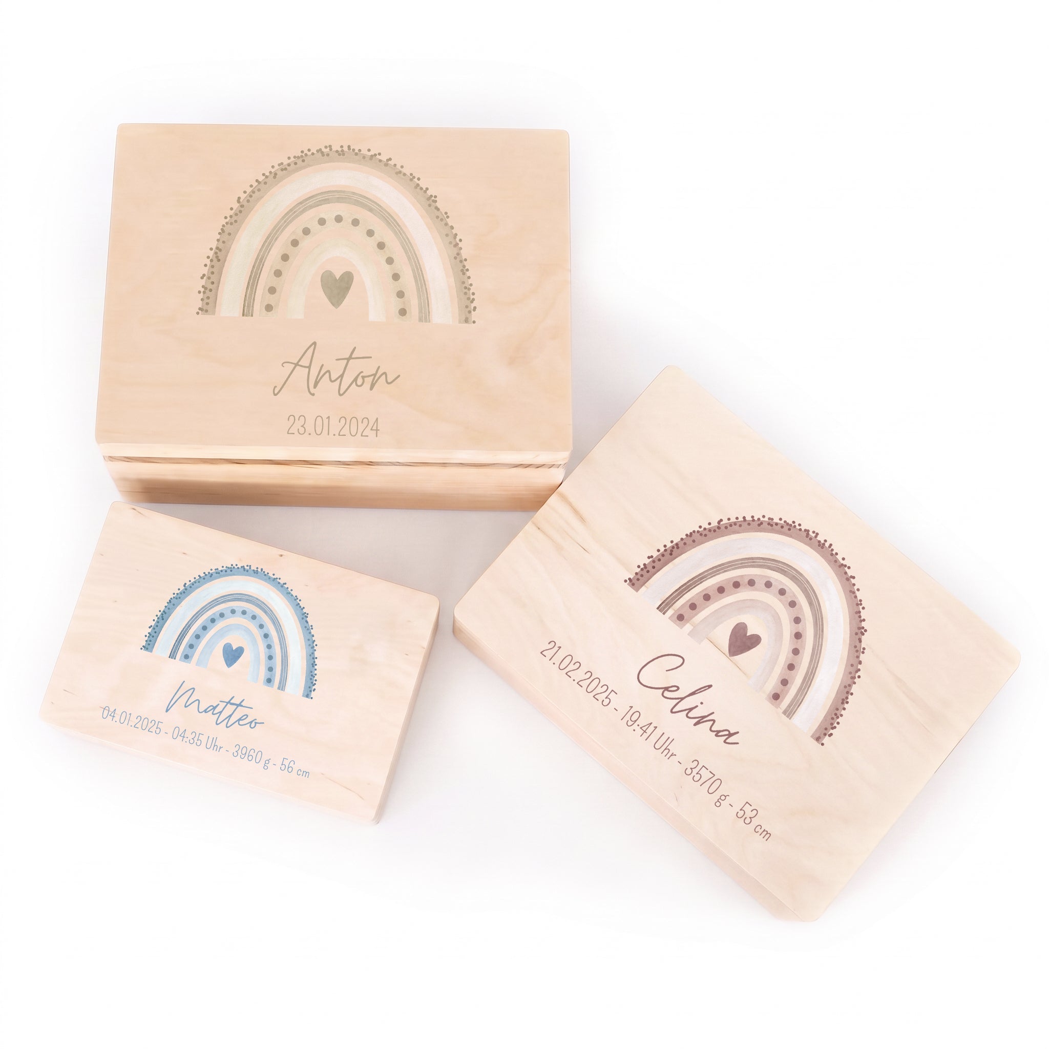 Erinnerungsbox Holz mit Wunschdaten – Regenbogen Punkte Aquarell - wunderwunsch