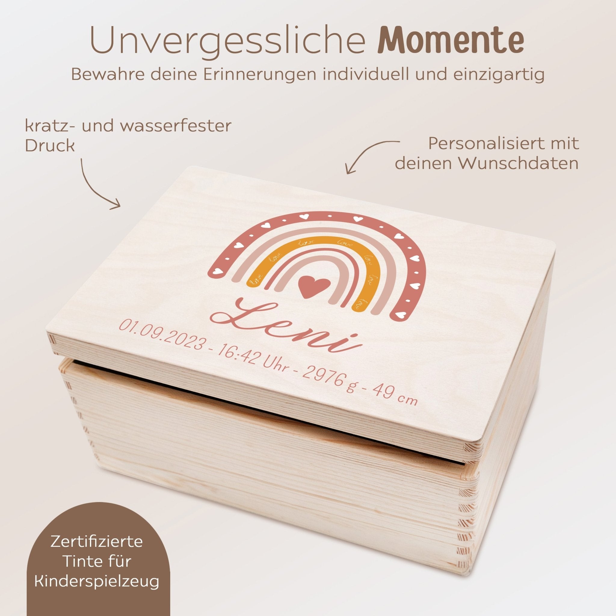 Erinnerungsbox Holz mit Wunschdaten – Regenbogen rosa Aquarell - wunderwunsch