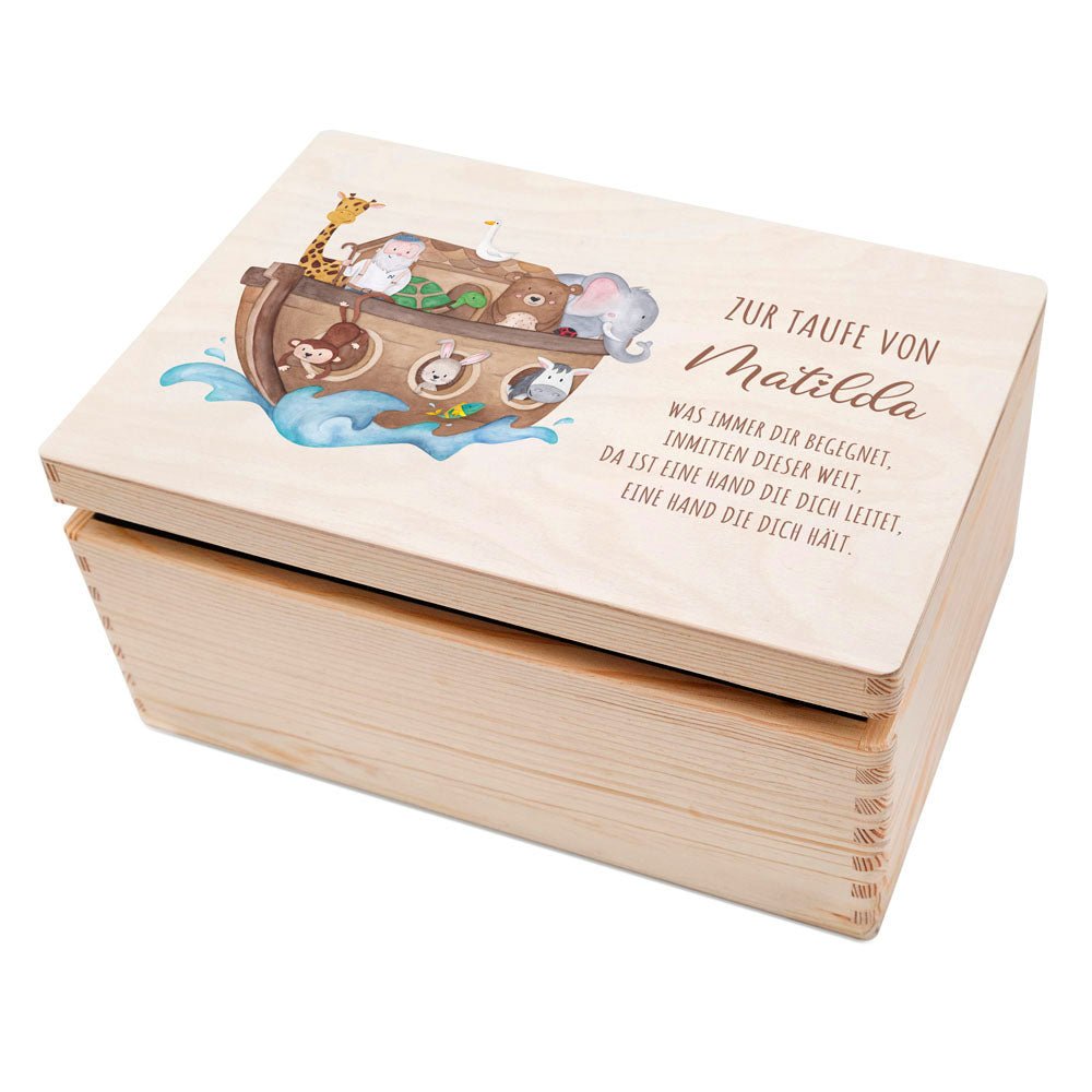 Erinnerungsbox Holz mit Wunschdaten – Taufe Arche Noah Tiere Aquarell - wunderwunsch