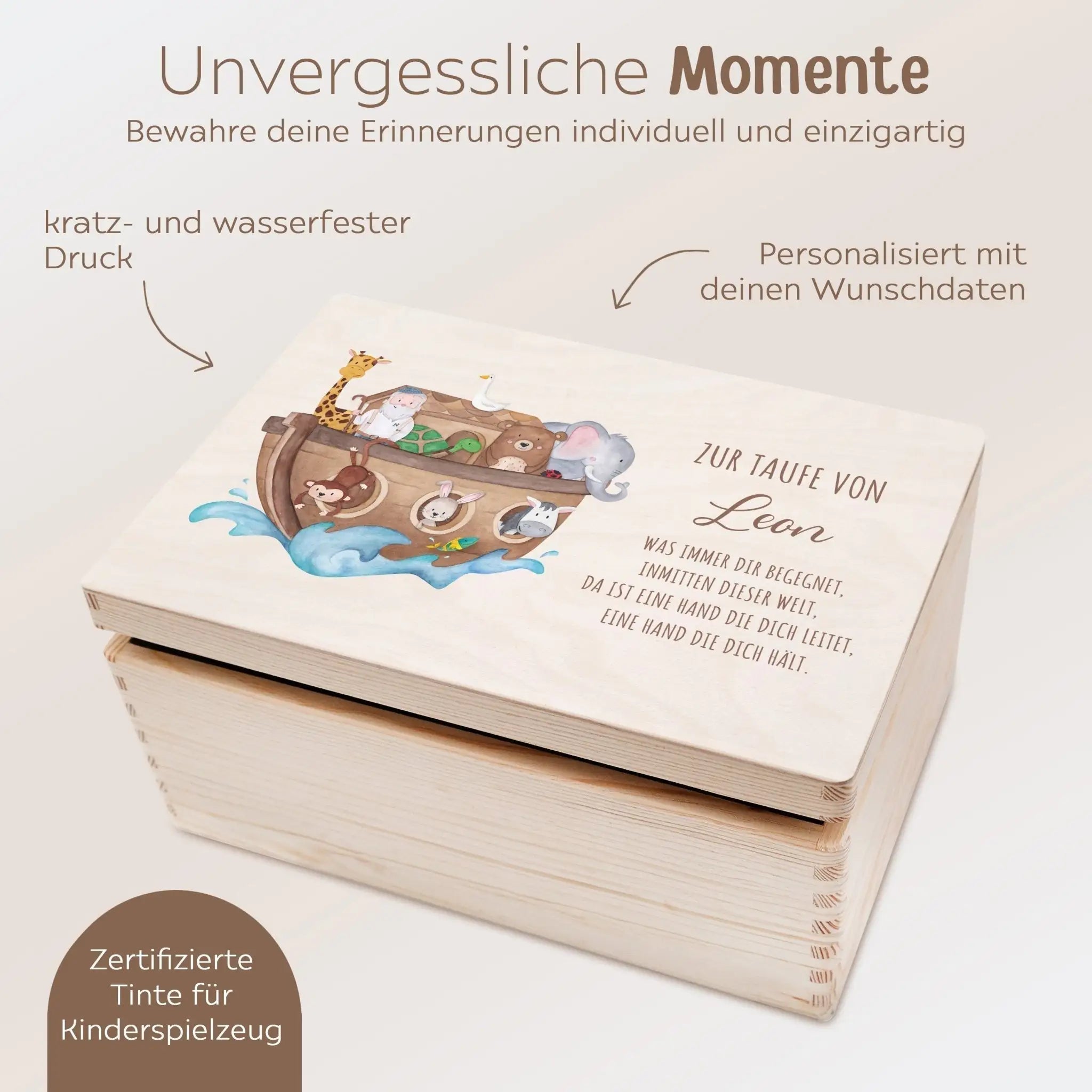 Erinnerungsbox Holz mit Wunschdaten – Taufe Arche Noah Tiere Aquarell - wunderwunsch