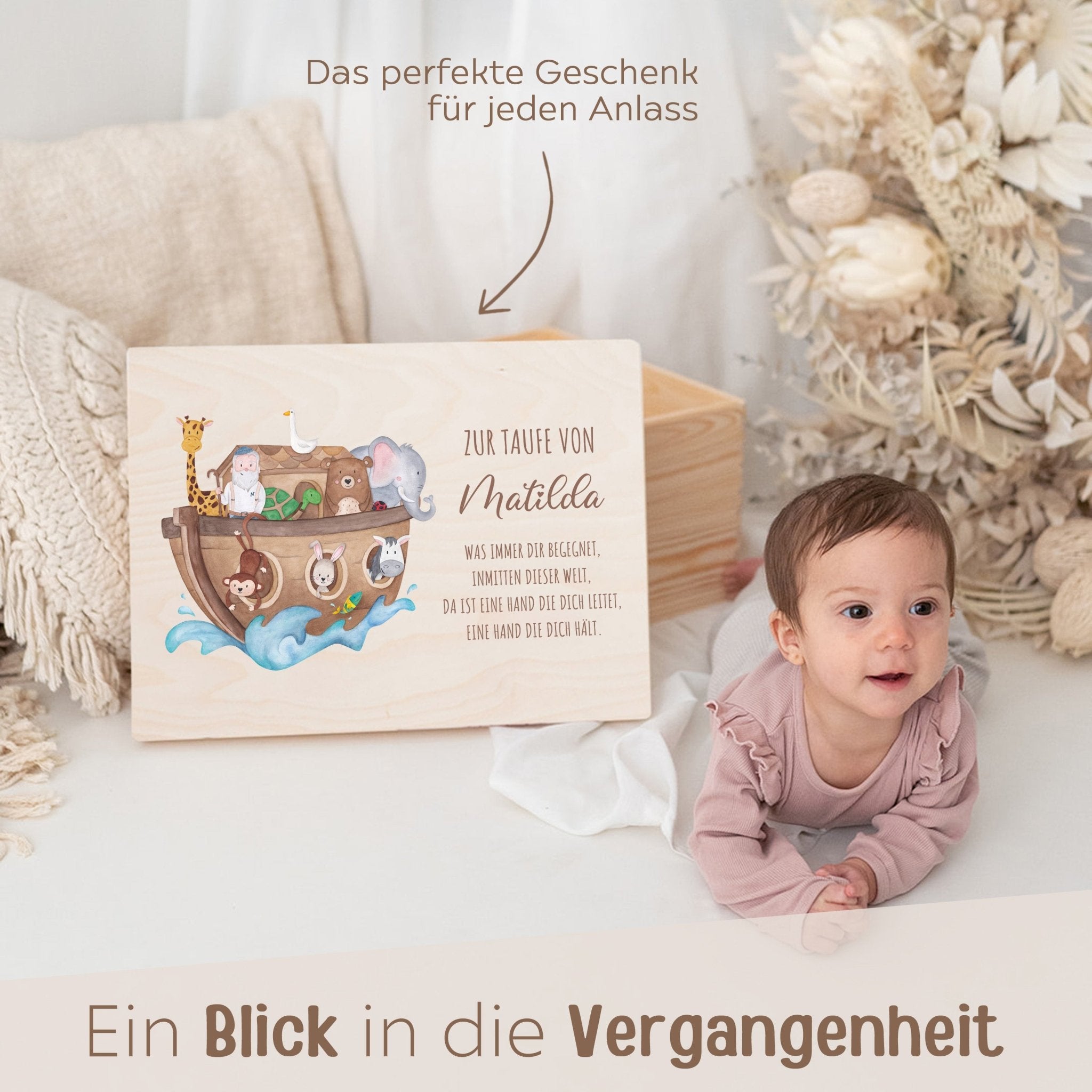 Erinnerungsbox Holz mit Wunschdaten – Taufe Arche Noah Tiere Aquarell - wunderwunsch