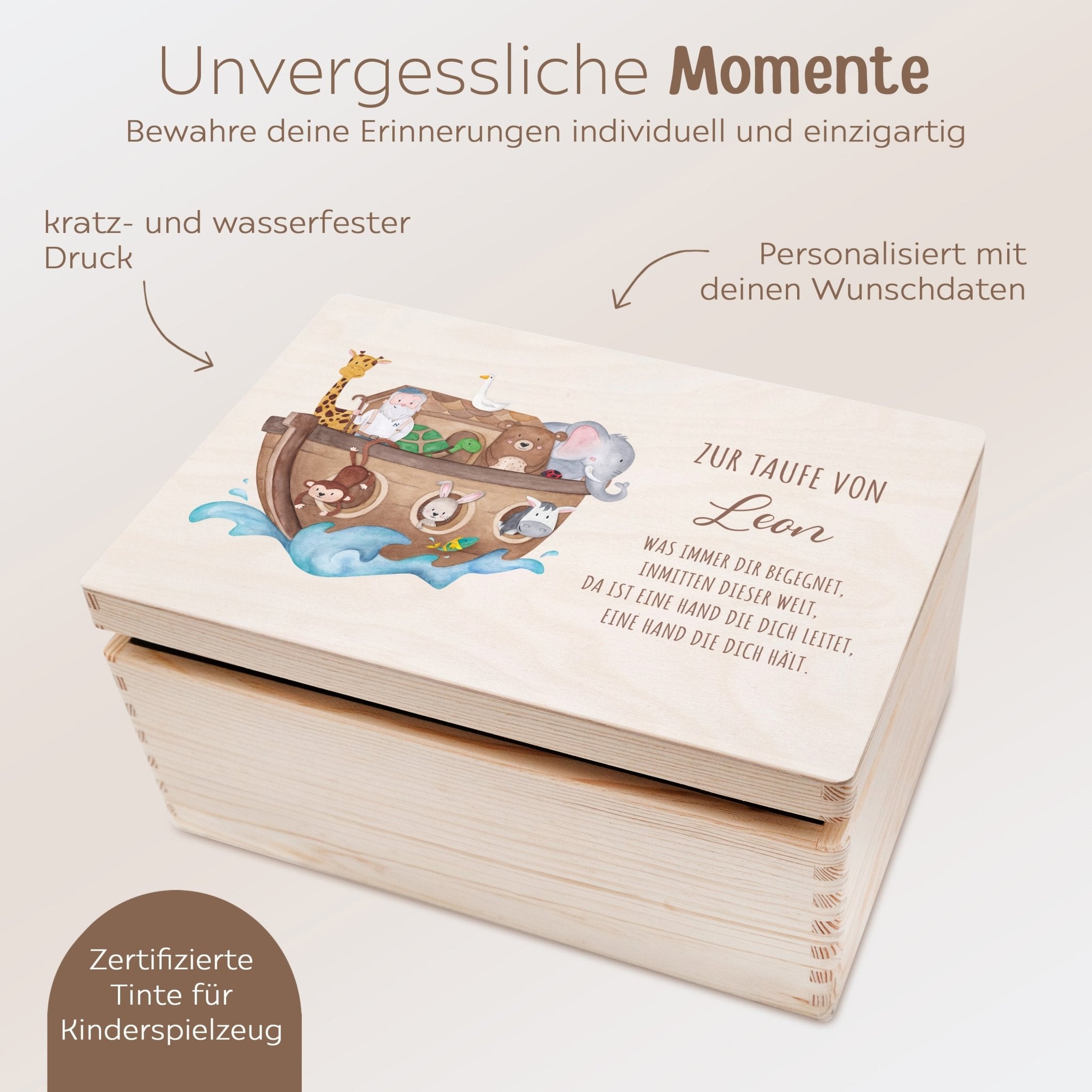 Erinnerungsbox Holz mit Wunschdaten – Taufe Arche Noah Tiere Aquarell - wunderwunsch