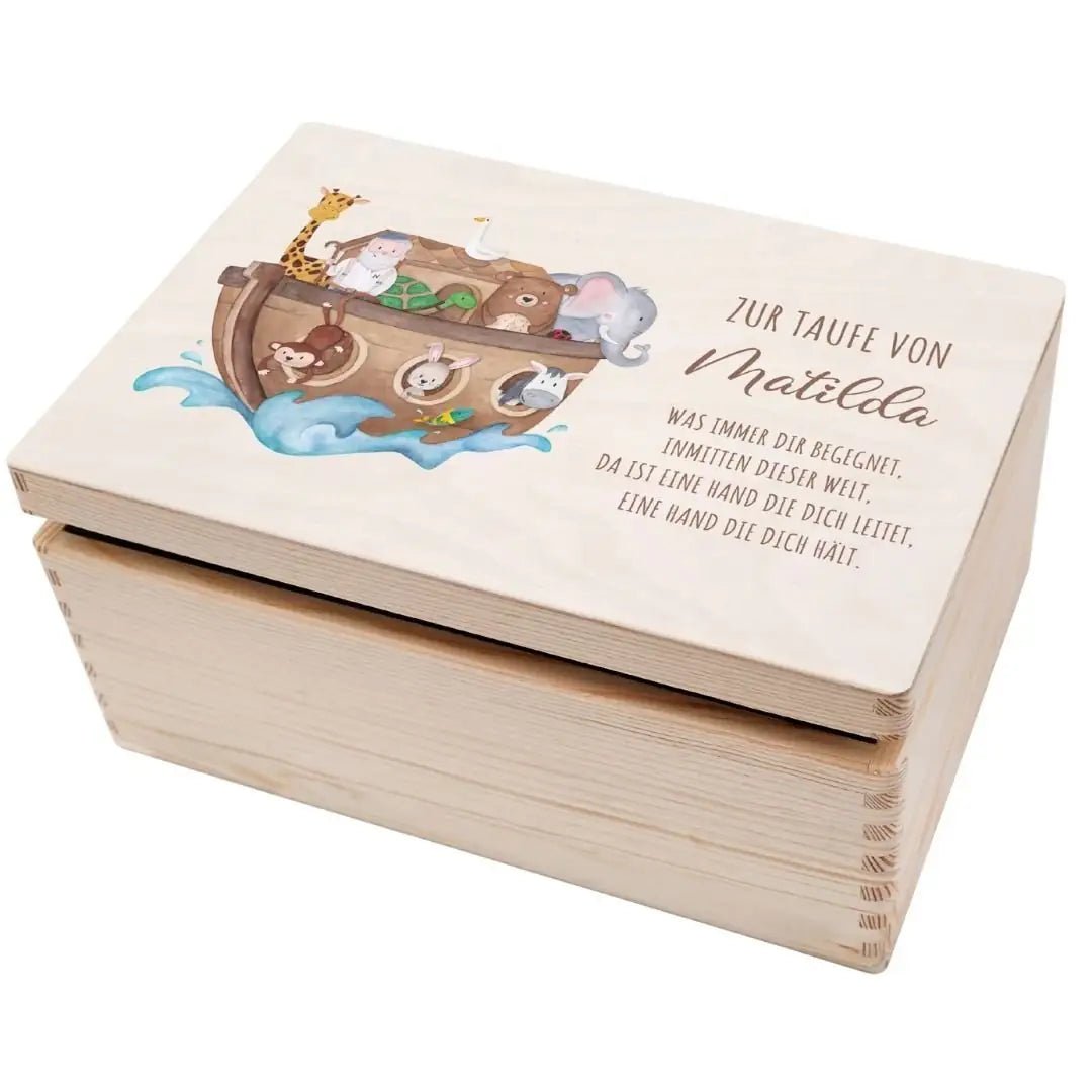 Erinnerungsbox Holz mit Wunschdaten – Taufe Arche Noah Tiere Aquarell - wunderwunsch