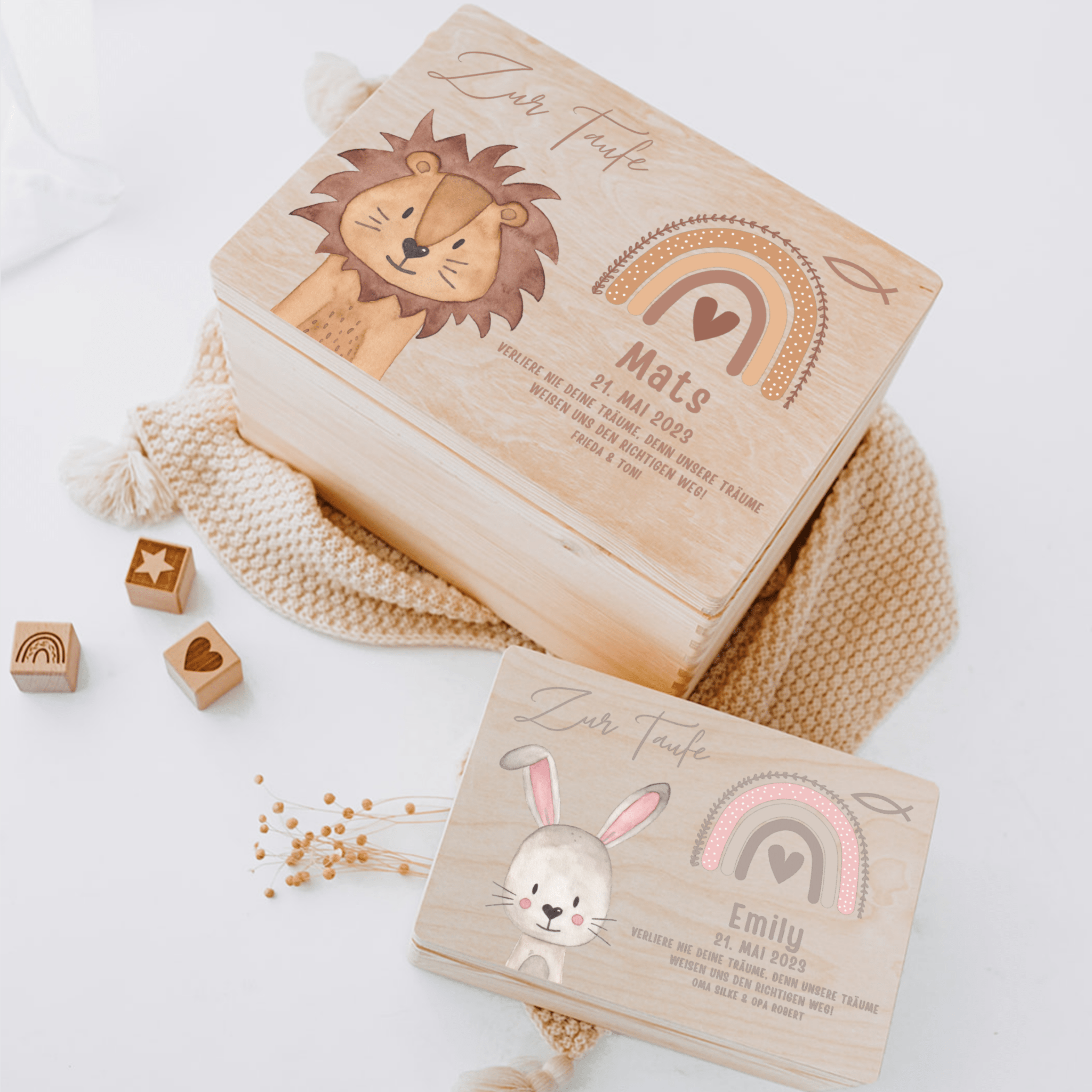Erinnerungsbox Holz mit Wunschdaten – Taufe Tier Aquarell - wunderwunsch