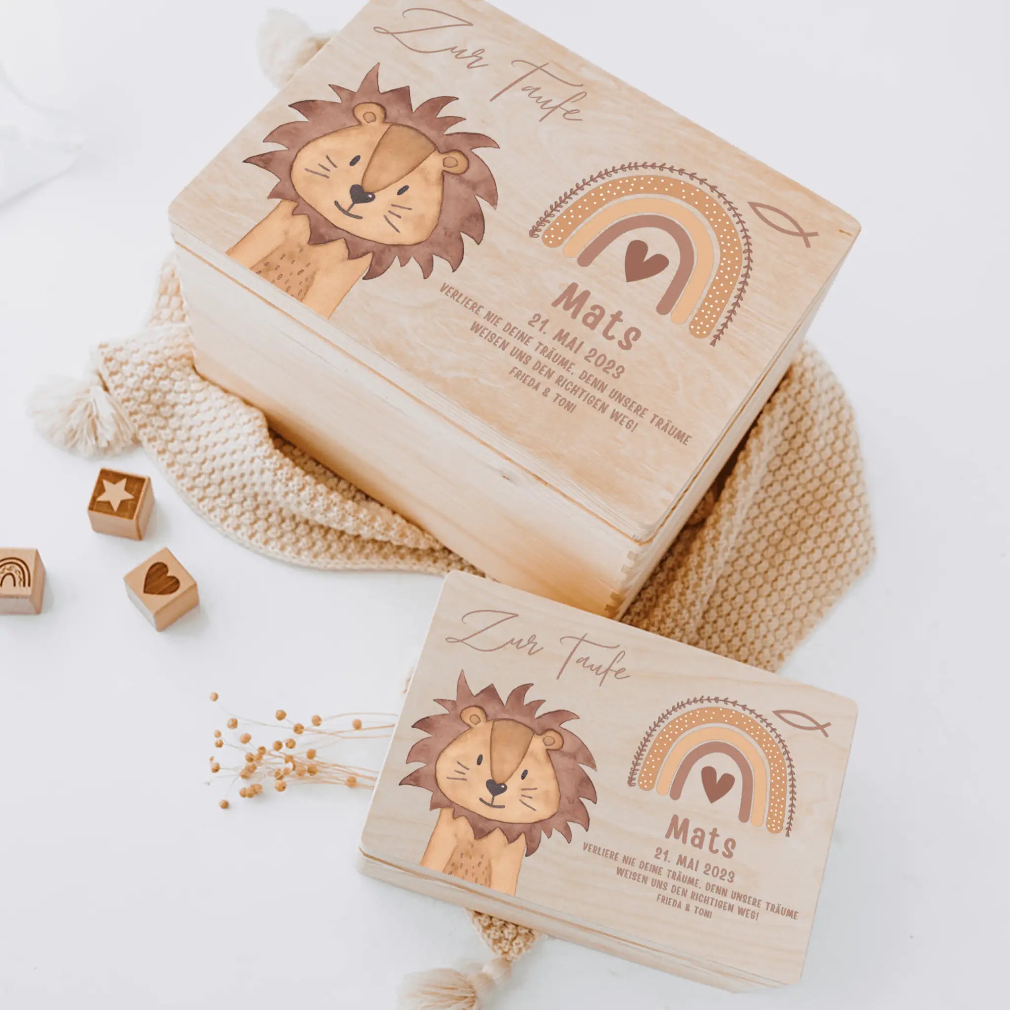 Erinnerungsbox Holz mit Wunschdaten – Taufe Tier Aquarell - wunderwunsch