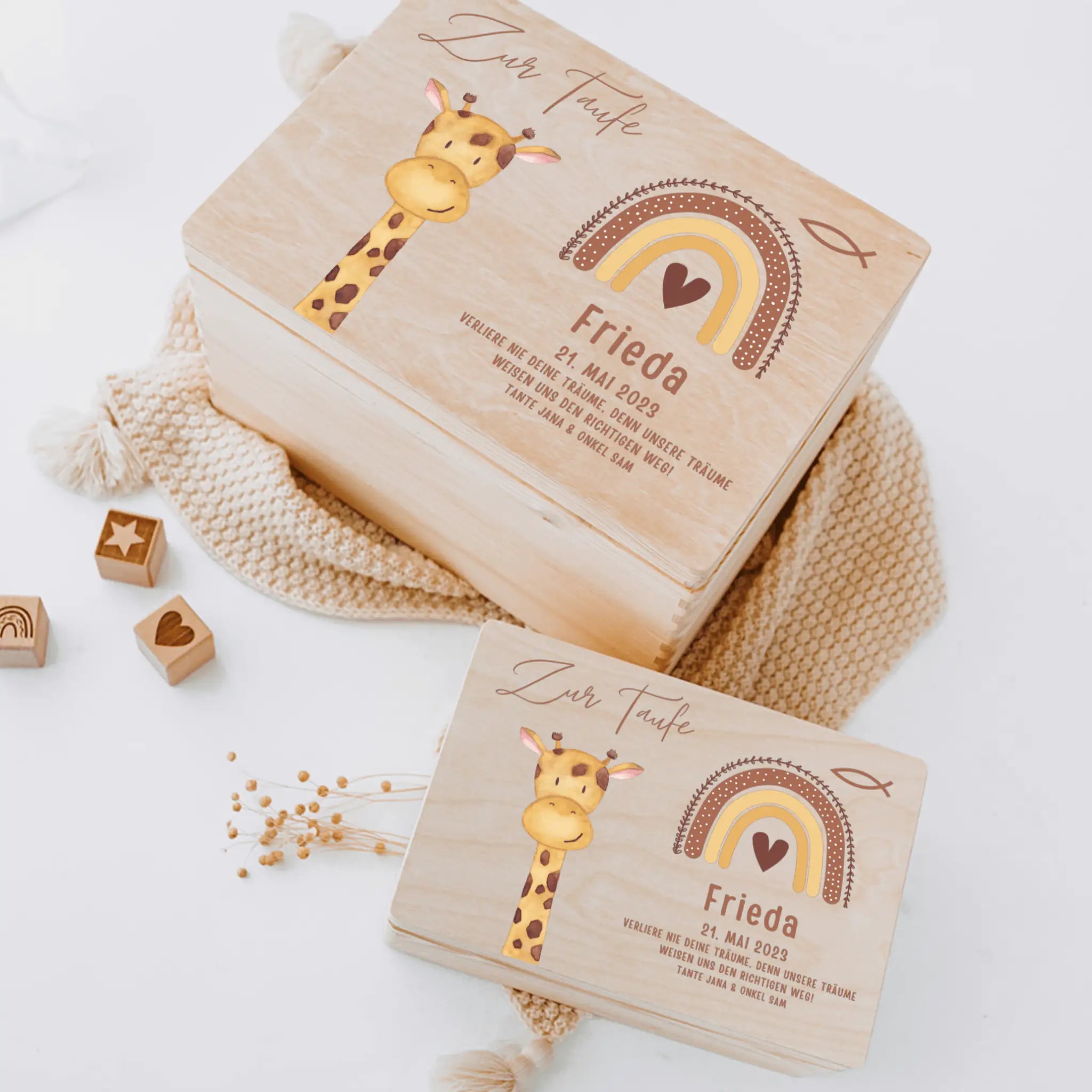 Erinnerungsbox Holz mit Wunschdaten – Taufe Tier Aquarell - wunderwunsch