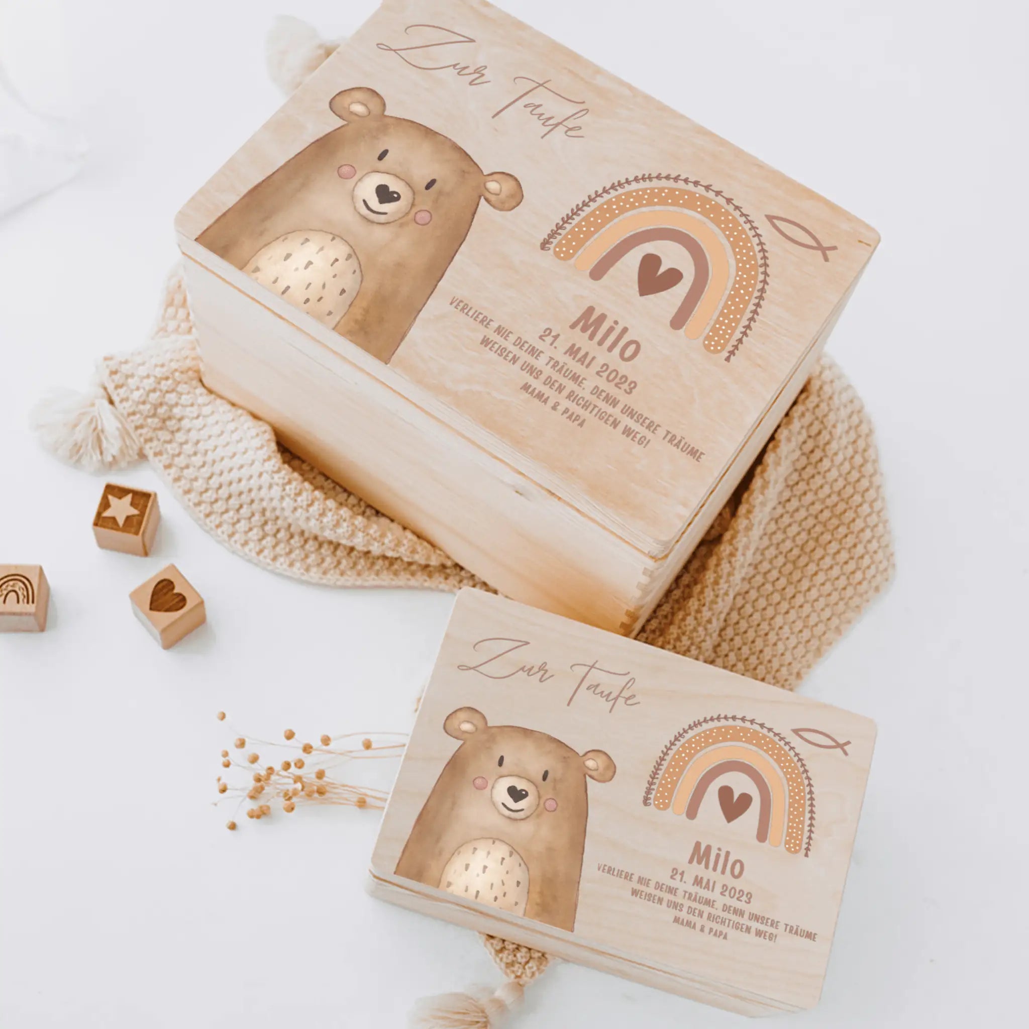 Erinnerungsbox Holz mit Wunschdaten – Taufe Tier Aquarell - wunderwunsch
