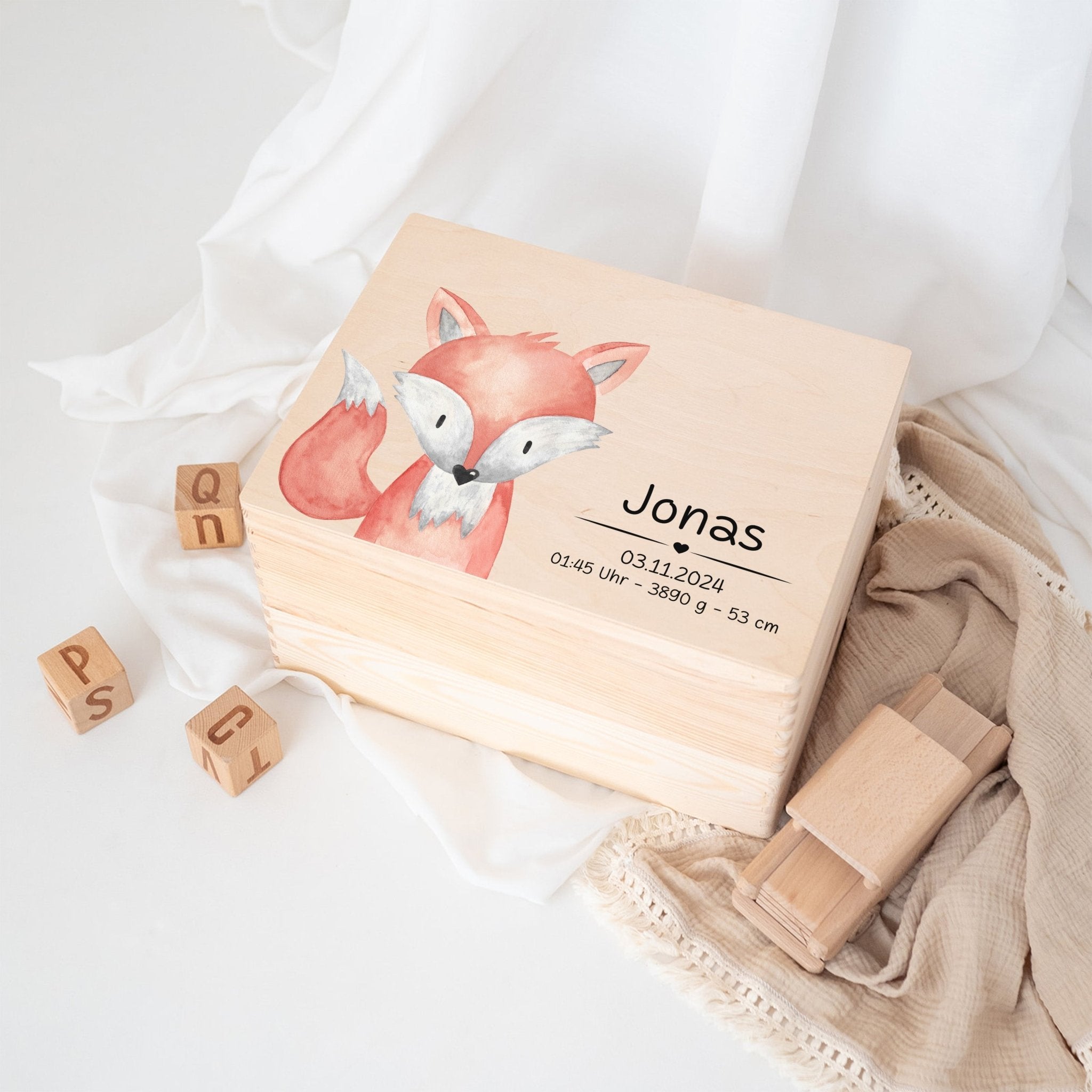 Erinnerungsbox Holz mit Wunschdaten – Tier Aquarell (Druckschrift) - wunderwunsch