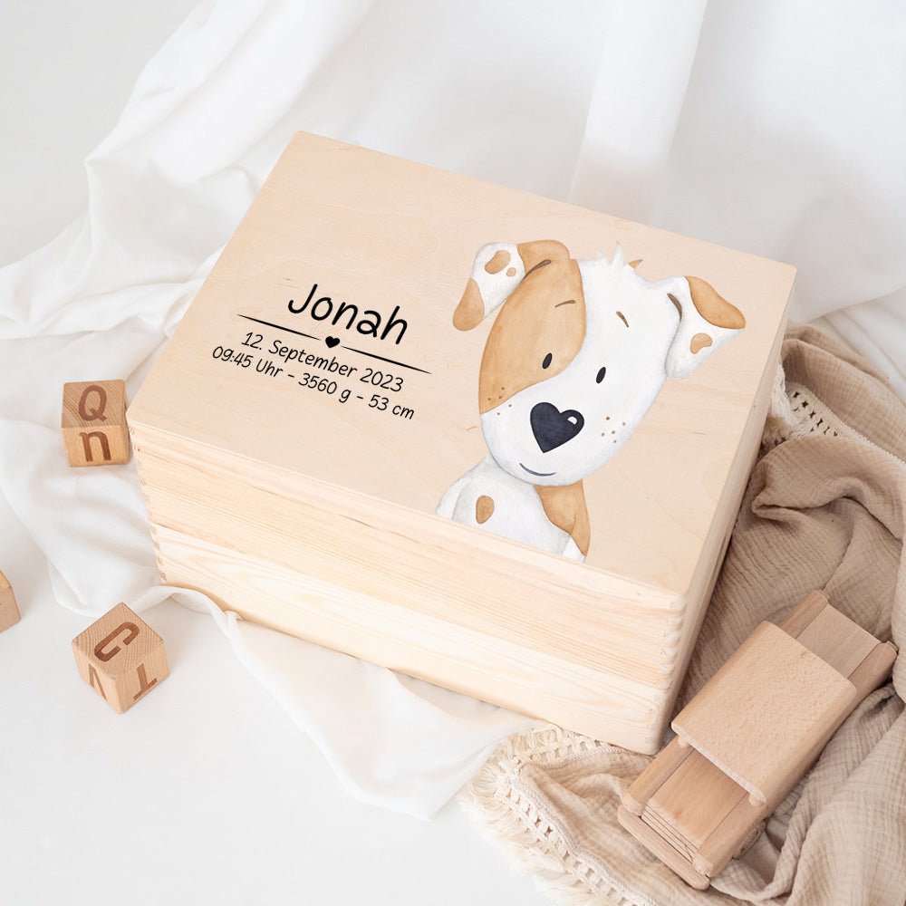 Erinnerungsbox Holz mit Wunschdaten – Tier Aquarell (Druckschrift) - wunderwunsch