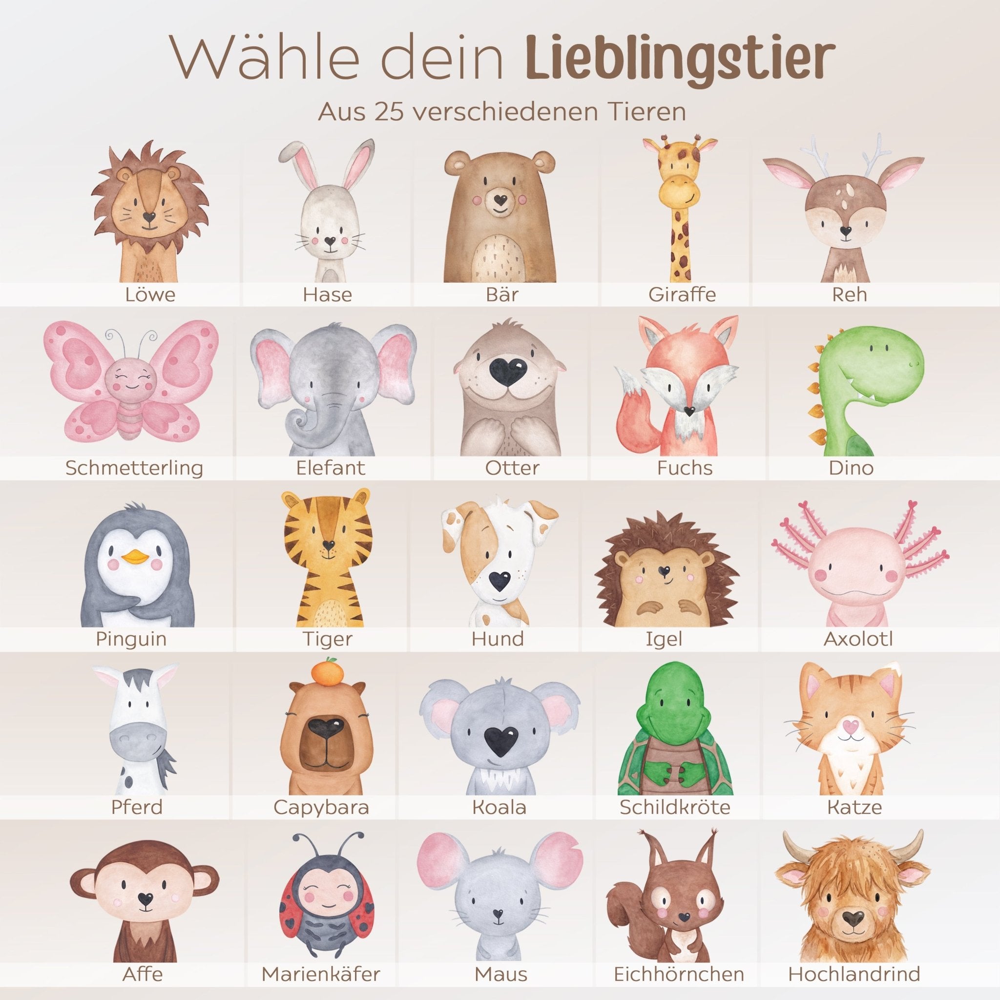 Erinnerungsbox Holz mit Wunschdaten – Tier Aquarell (Druckschrift) - wunderwunsch