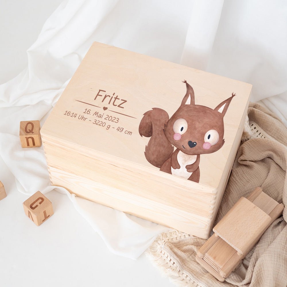 Erinnerungsbox Holz mit Wunschdaten – Tier Aquarell (Druckschrift) - wunderwunsch