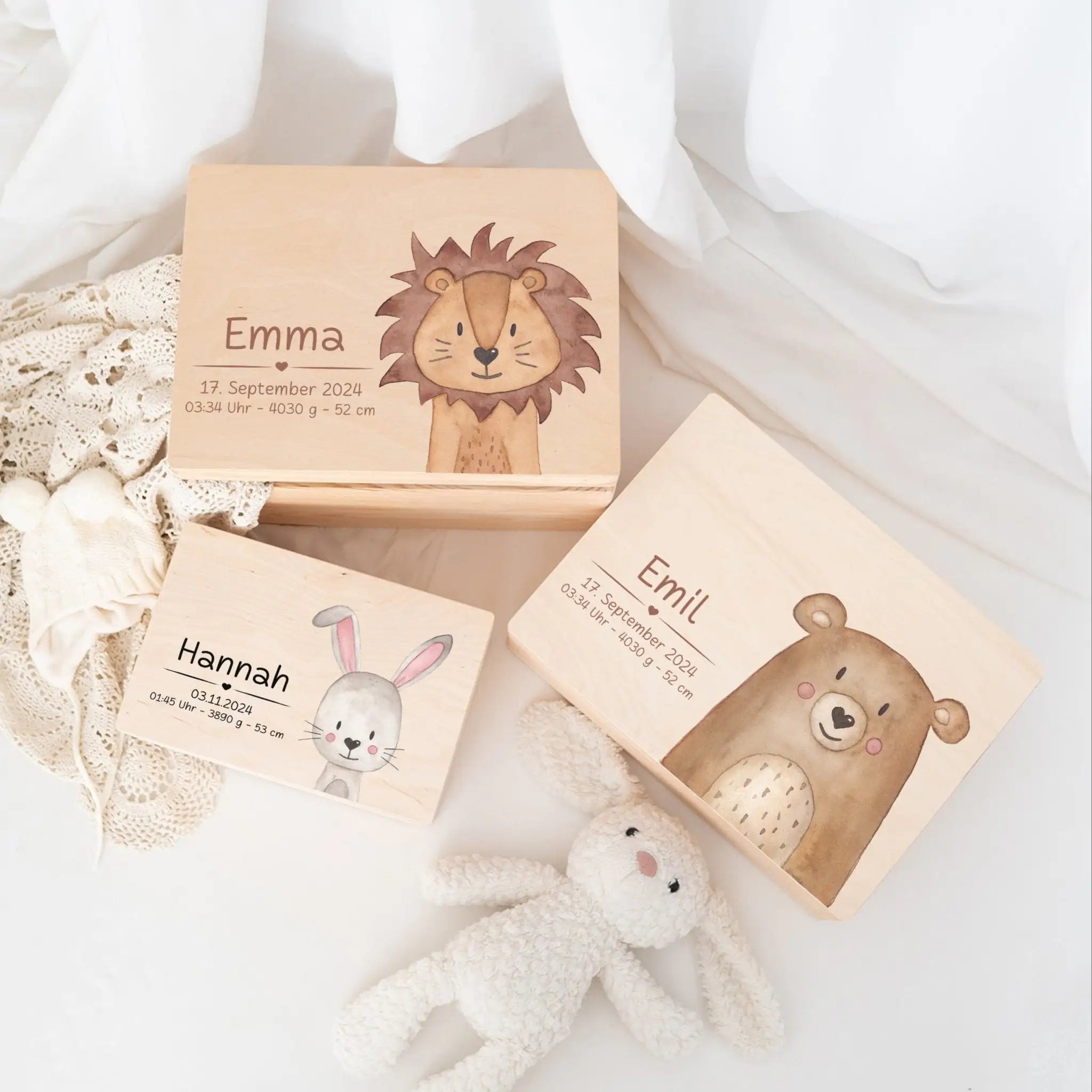Erinnerungsbox Holz mit Wunschdaten – Tier Aquarell (Druckschrift) - wunderwunsch