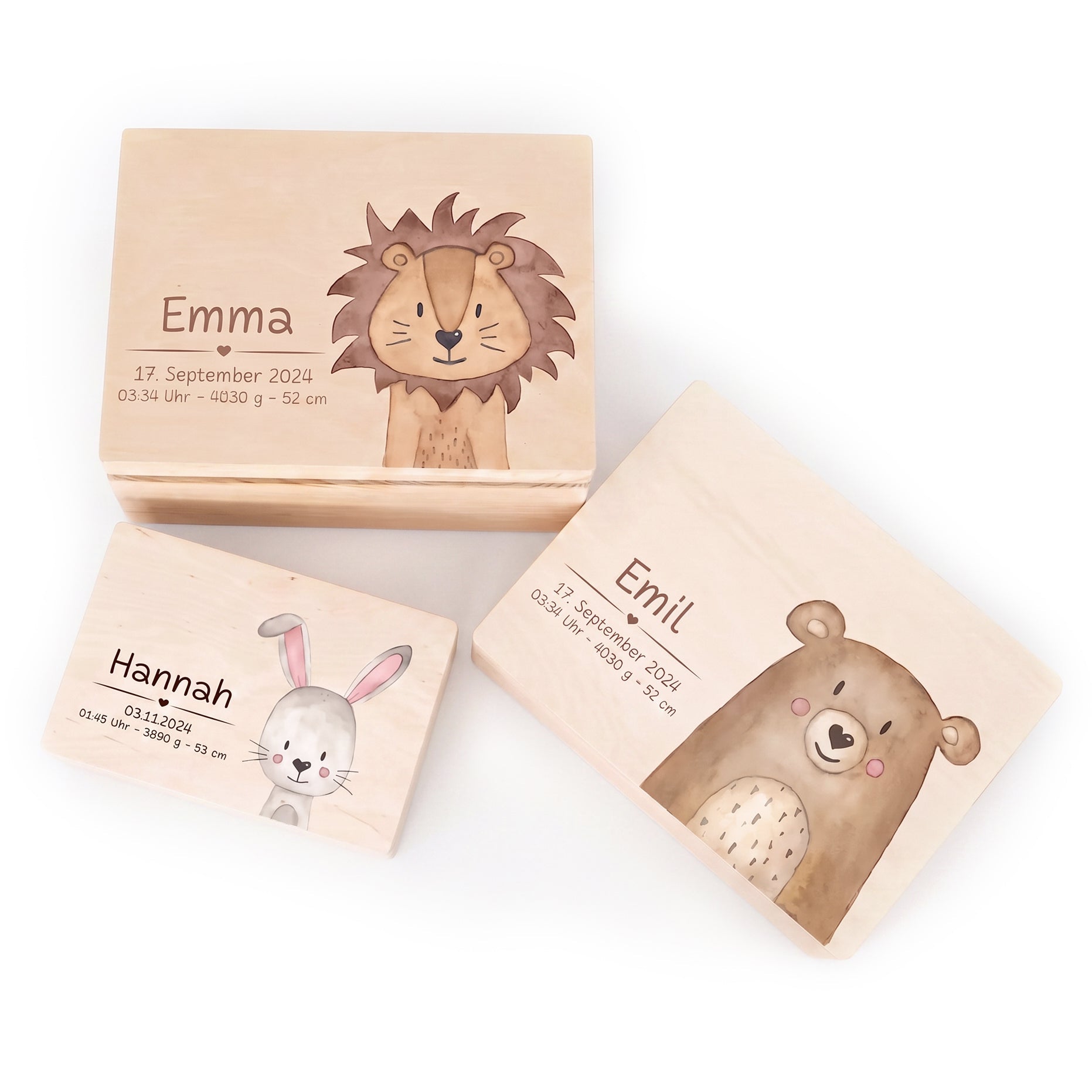 Erinnerungsbox Holz mit Wunschdaten – Tier Aquarell (Druckschrift) - wunderwunsch