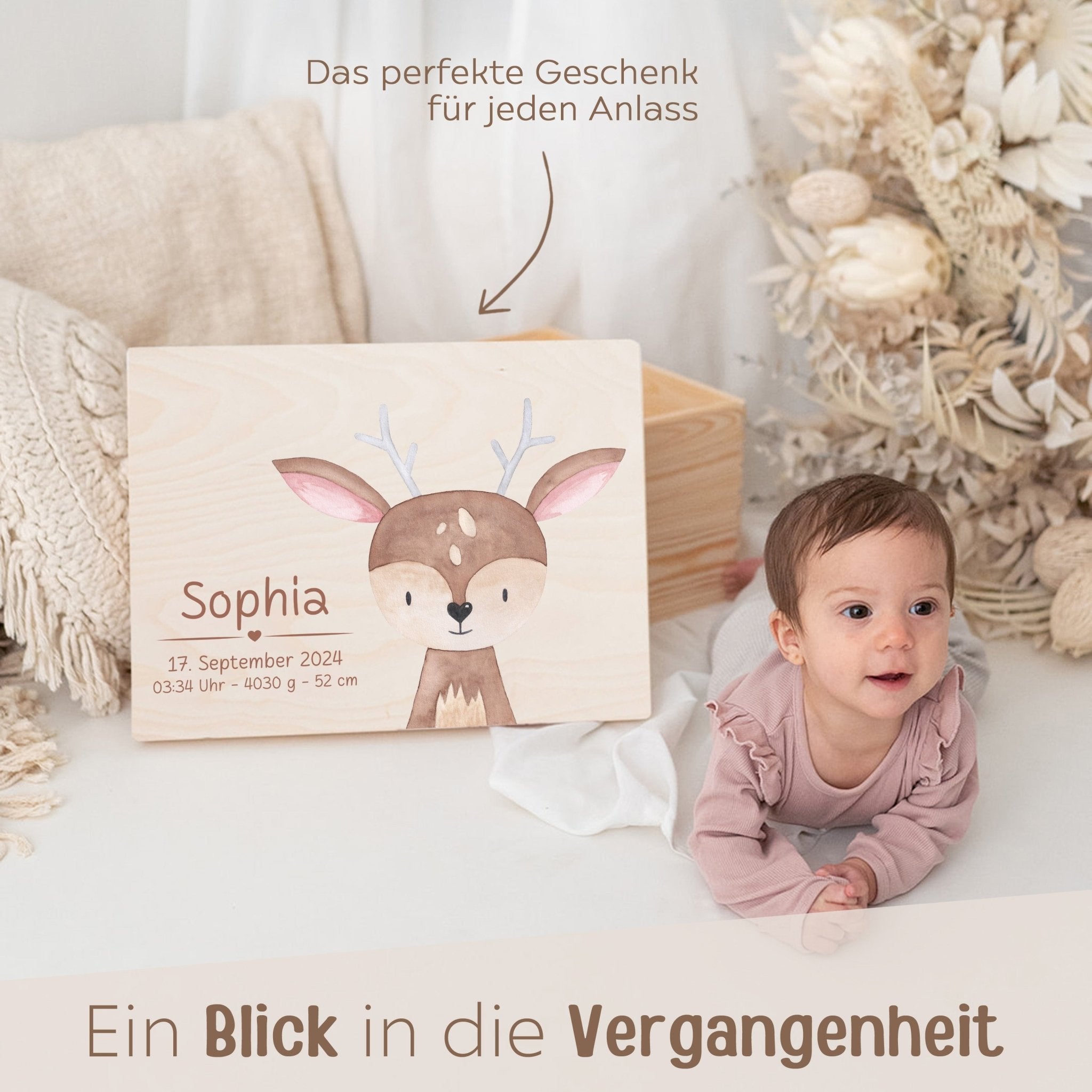 Erinnerungsbox Holz mit Wunschdaten – Tier Aquarell (Druckschrift) - wunderwunsch