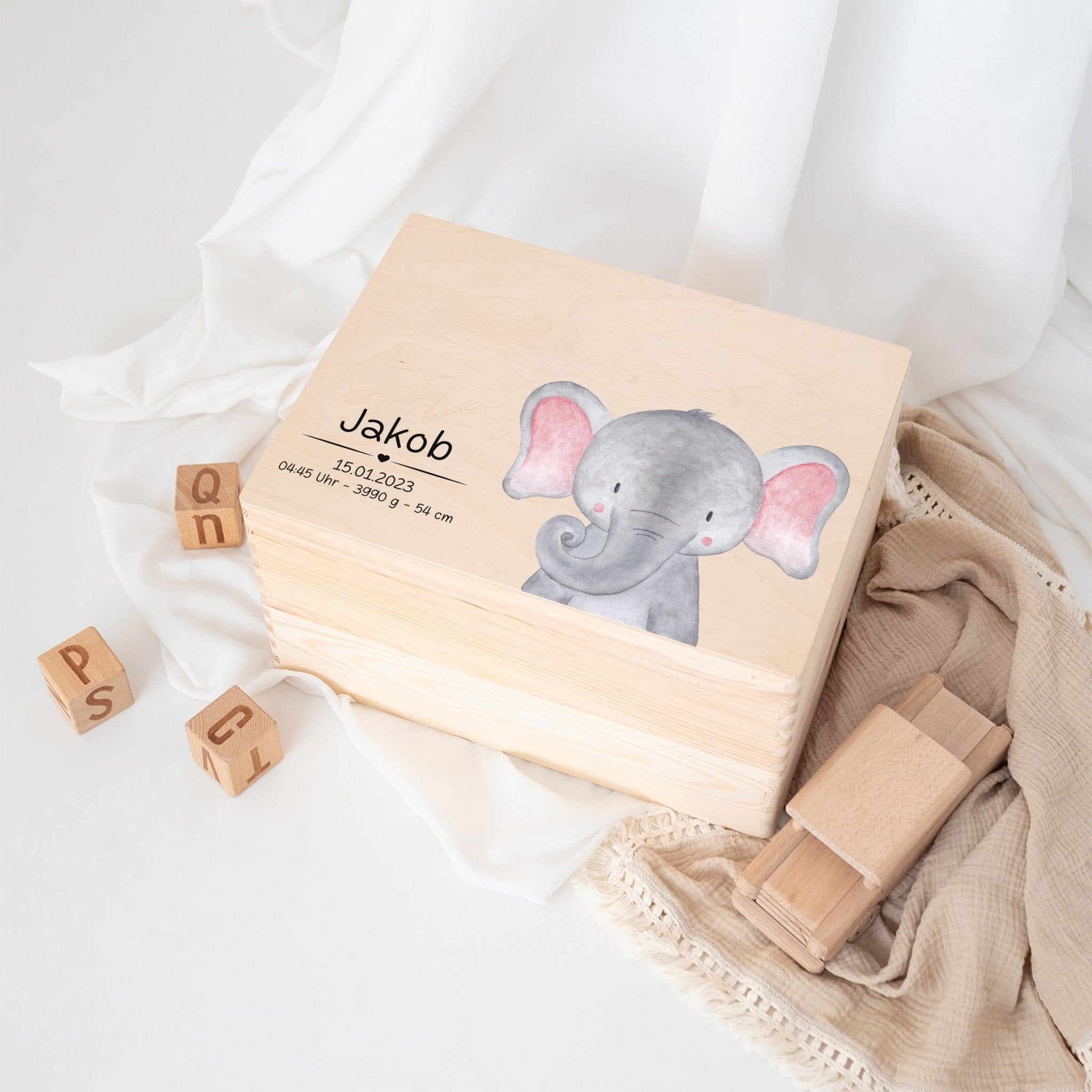 Erinnerungsbox Holz mit Wunschdaten – Tier Aquarell (Druckschrift) - wunderwunsch