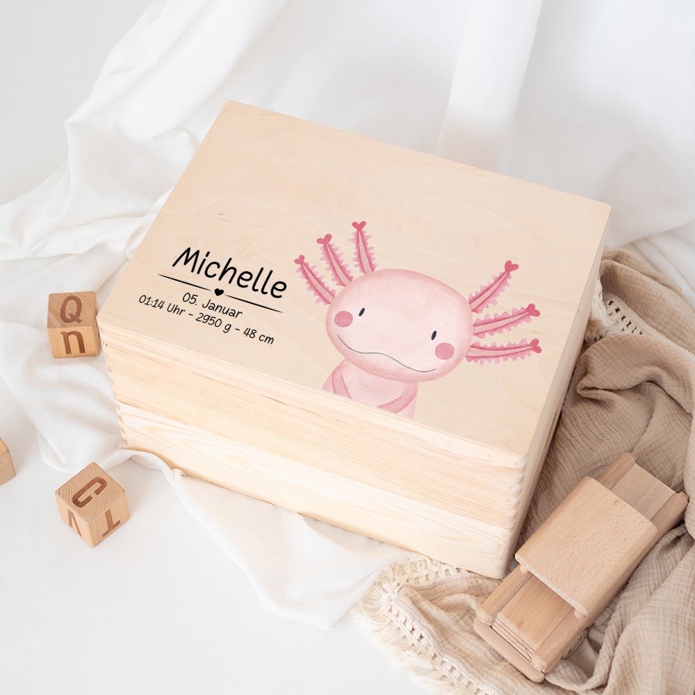 Erinnerungsbox Holz mit Wunschdaten – Tier Aquarell (Druckschrift) - wunderwunsch