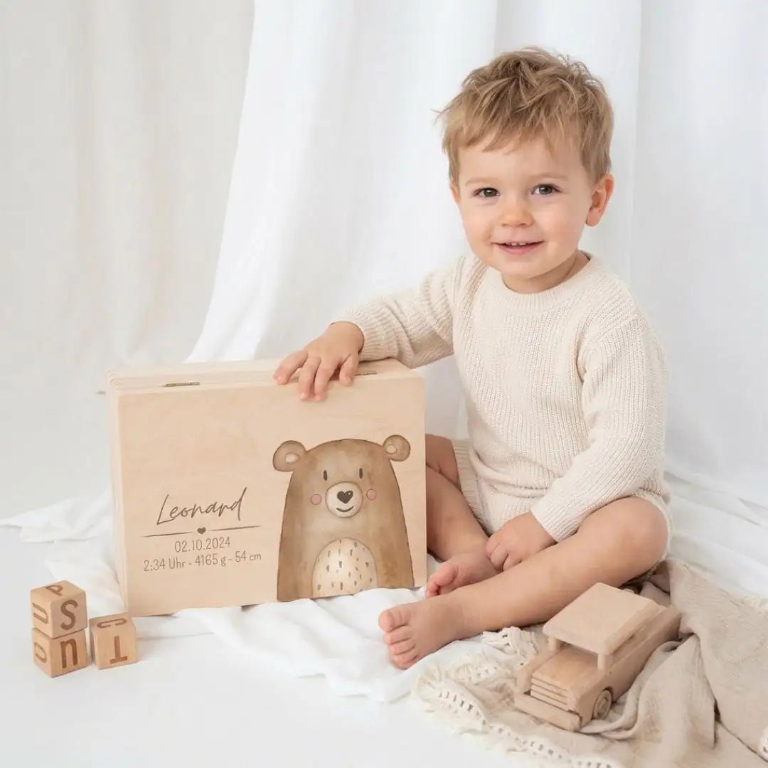 Erinnerungsbox Holz mit Wunschdaten – Tier Aquarell - wunderwunsch