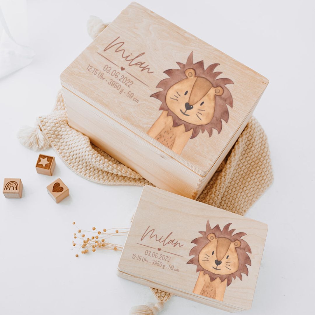 Erinnerungsbox Holz mit Wunschdaten – Tier Aquarell - wunderwunsch