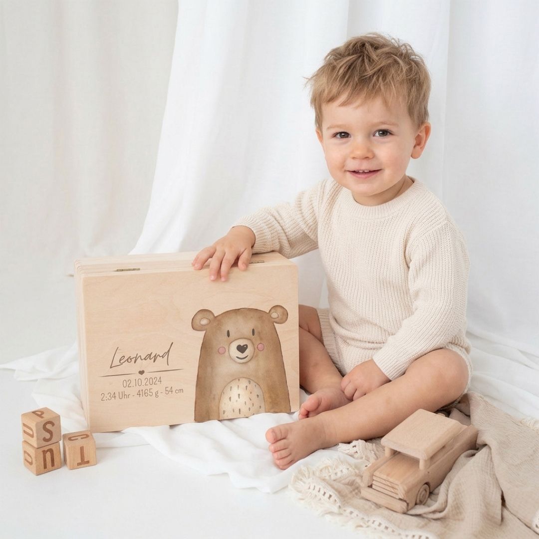 Erinnerungsbox Holz mit Wunschdaten – Tier Aquarell - wunderwunsch