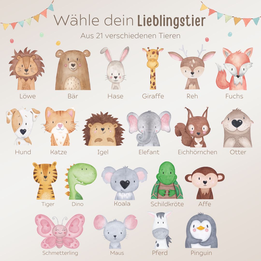 Erinnerungsbox Holz mit Wunschdaten – Tier Girlande Aquarell - wunderwunsch