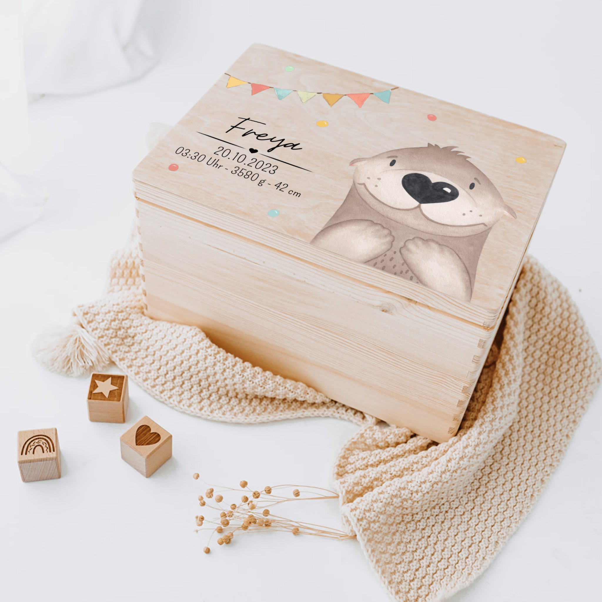 Erinnerungsbox Holz mit Wunschdaten – Tier Girlande Aquarell - wunderwunsch