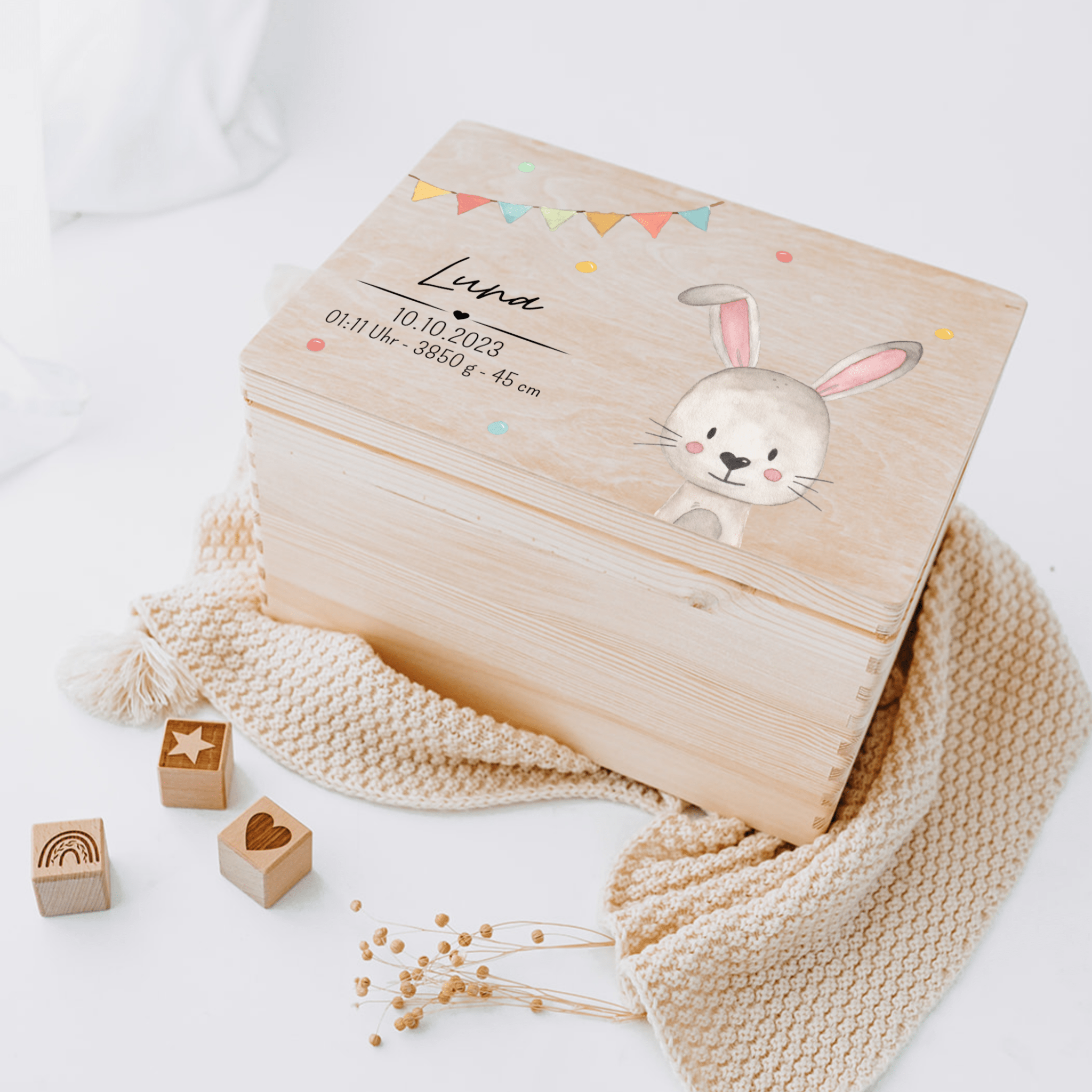 Erinnerungsbox Holz mit Wunschdaten – Tier Girlande Aquarell - wunderwunsch