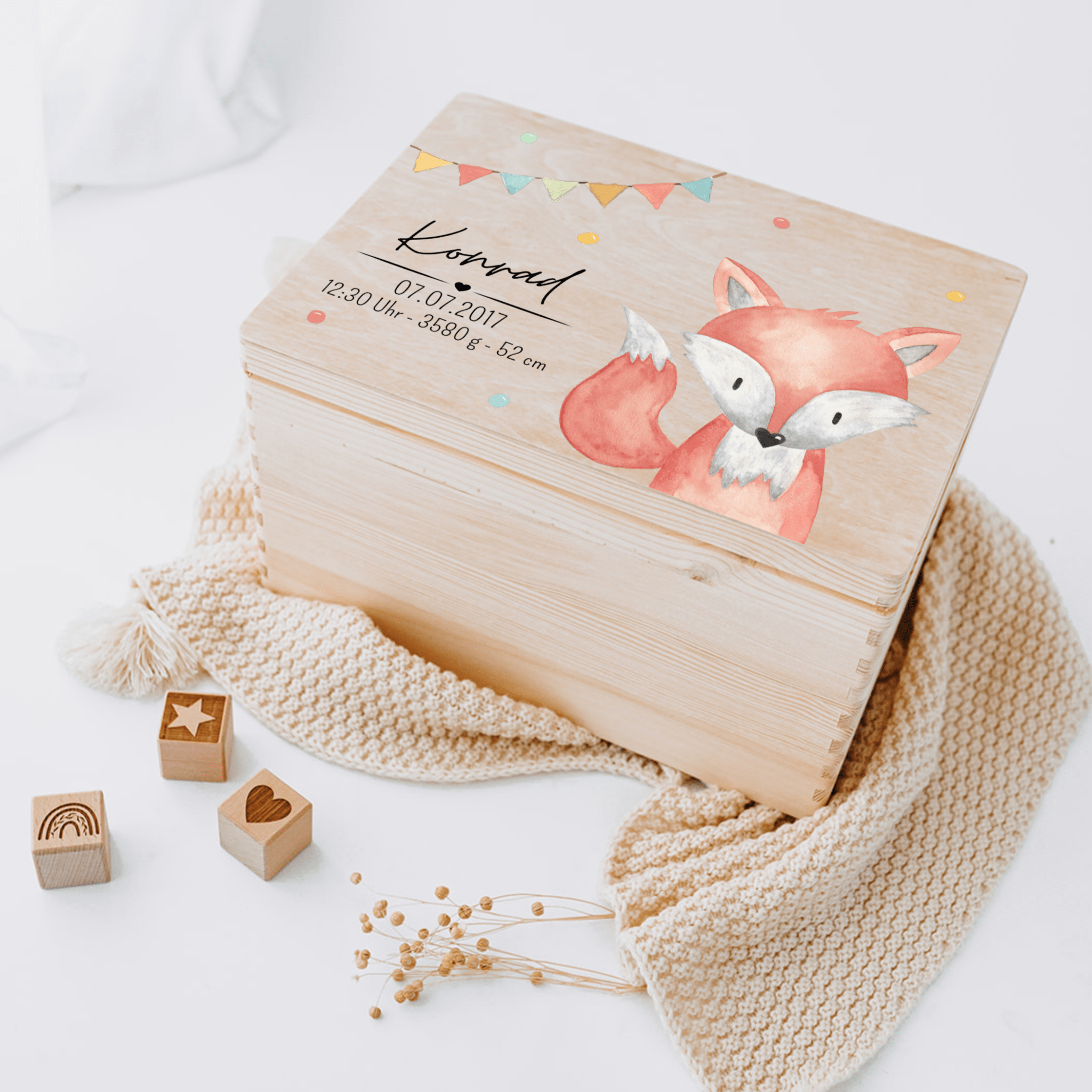 Erinnerungsbox Holz mit Wunschdaten – Tier Girlande Aquarell - wunderwunsch