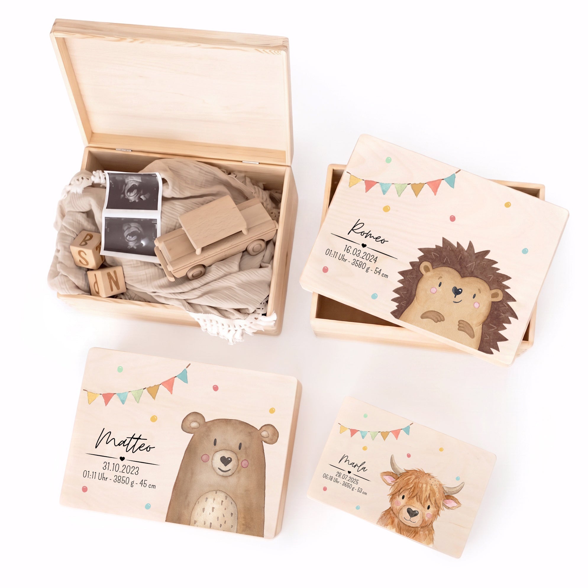 Erinnerungsbox Holz mit Wunschdaten – Tier Girlande Aquarell - wunderwunsch