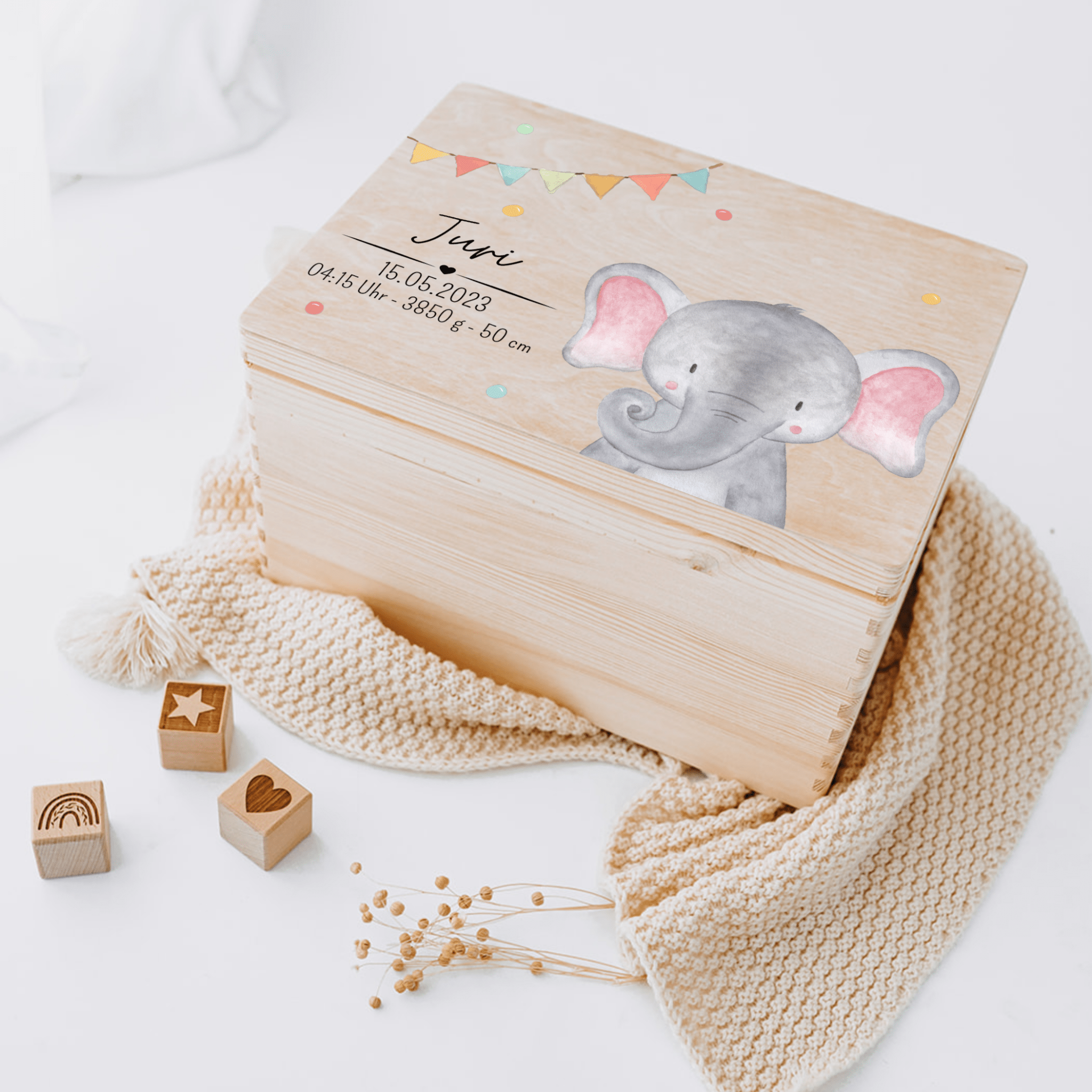 Erinnerungsbox Holz mit Wunschdaten – Tier Girlande Aquarell - wunderwunsch