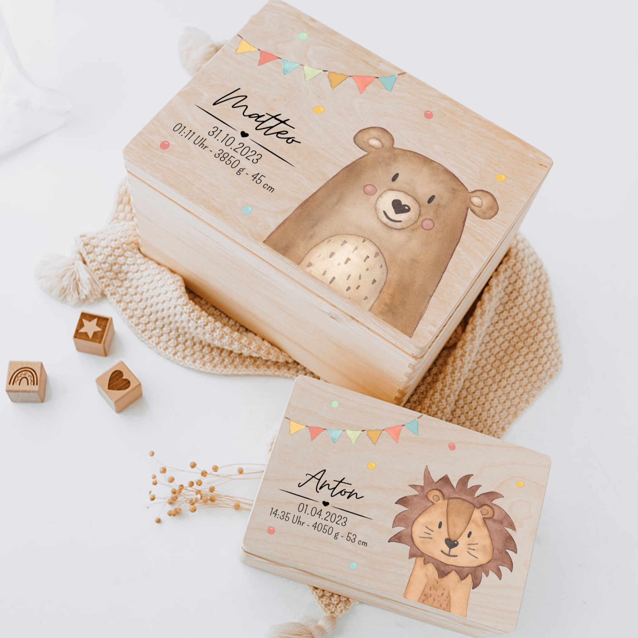 Erinnerungsbox Holz mit Wunschdaten – Tier Girlande Aquarell - wunderwunsch