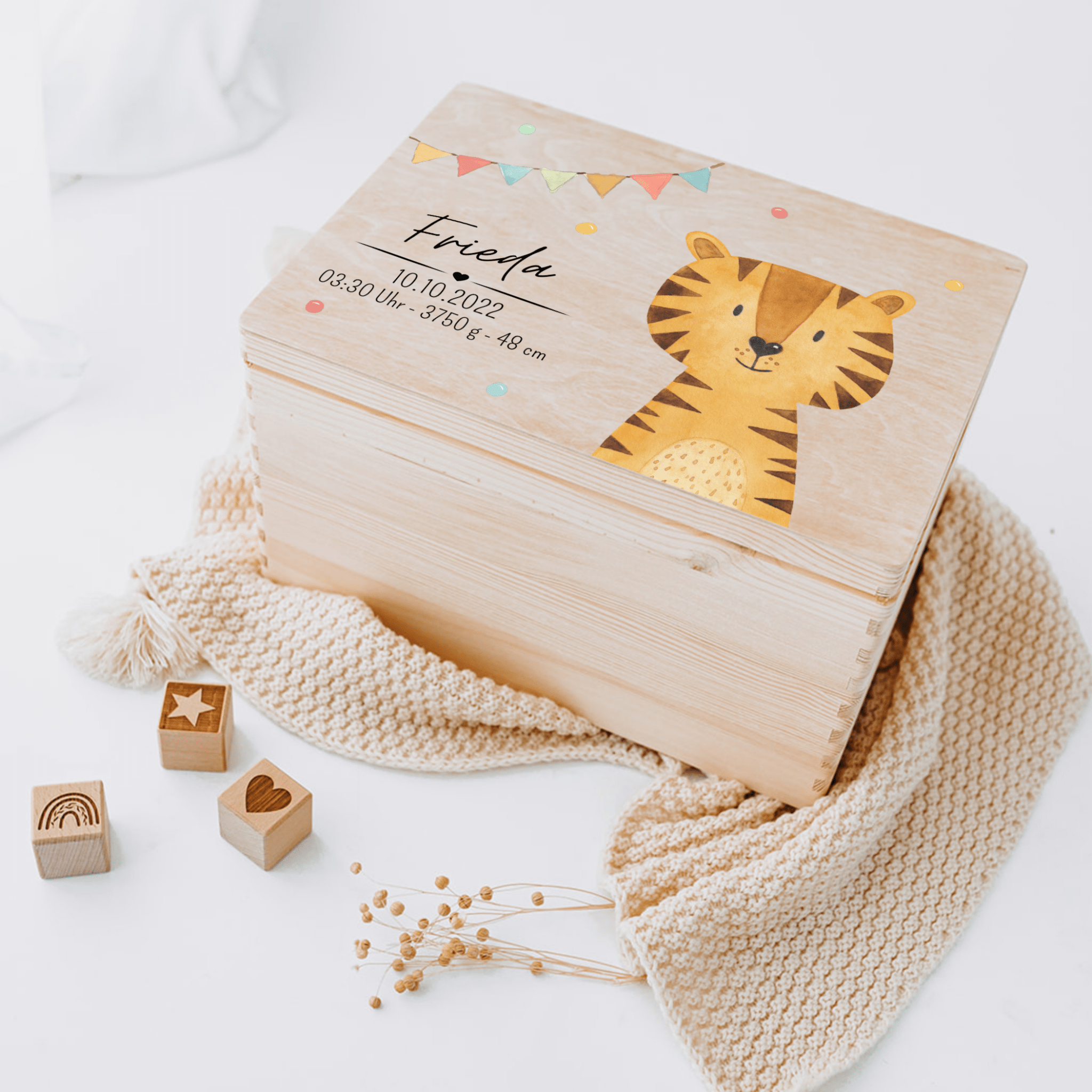 Erinnerungsbox Holz mit Wunschdaten – Tier Girlande Aquarell - wunderwunsch