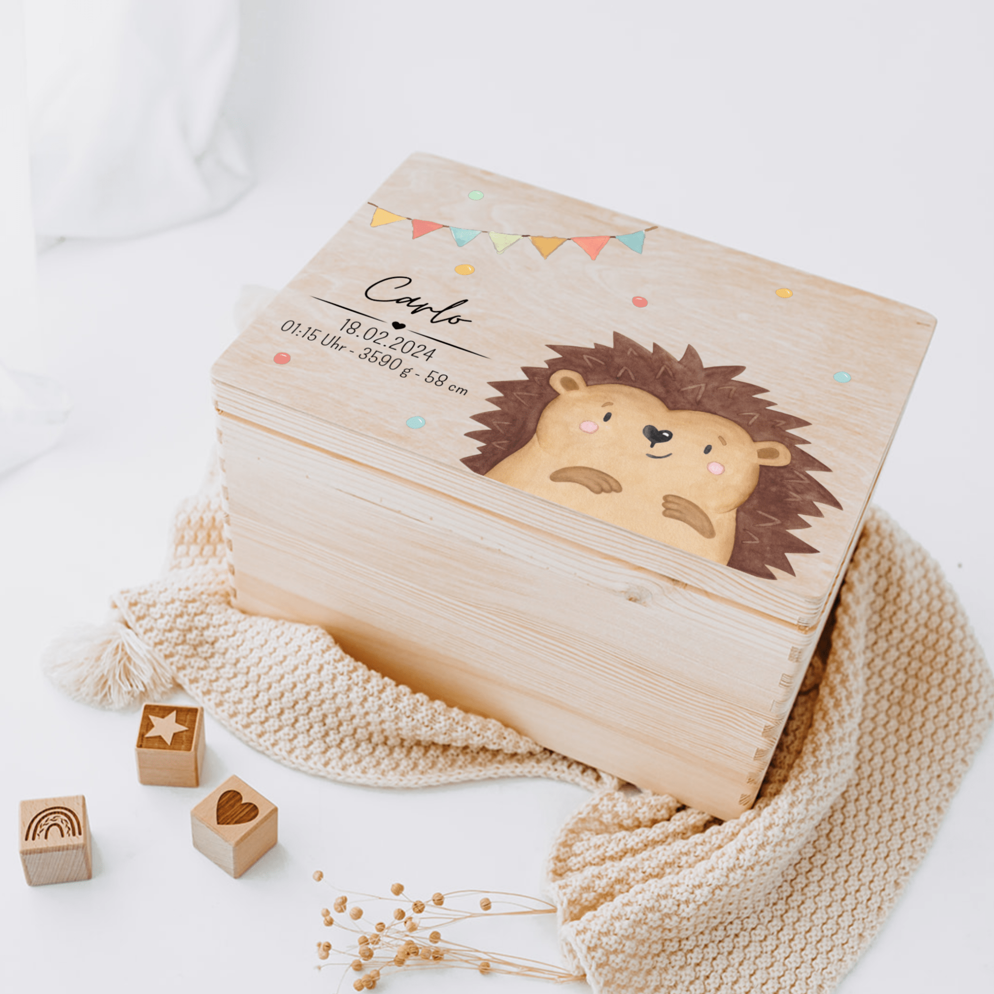 Erinnerungsbox Holz mit Wunschdaten – Tier Girlande Aquarell - wunderwunsch